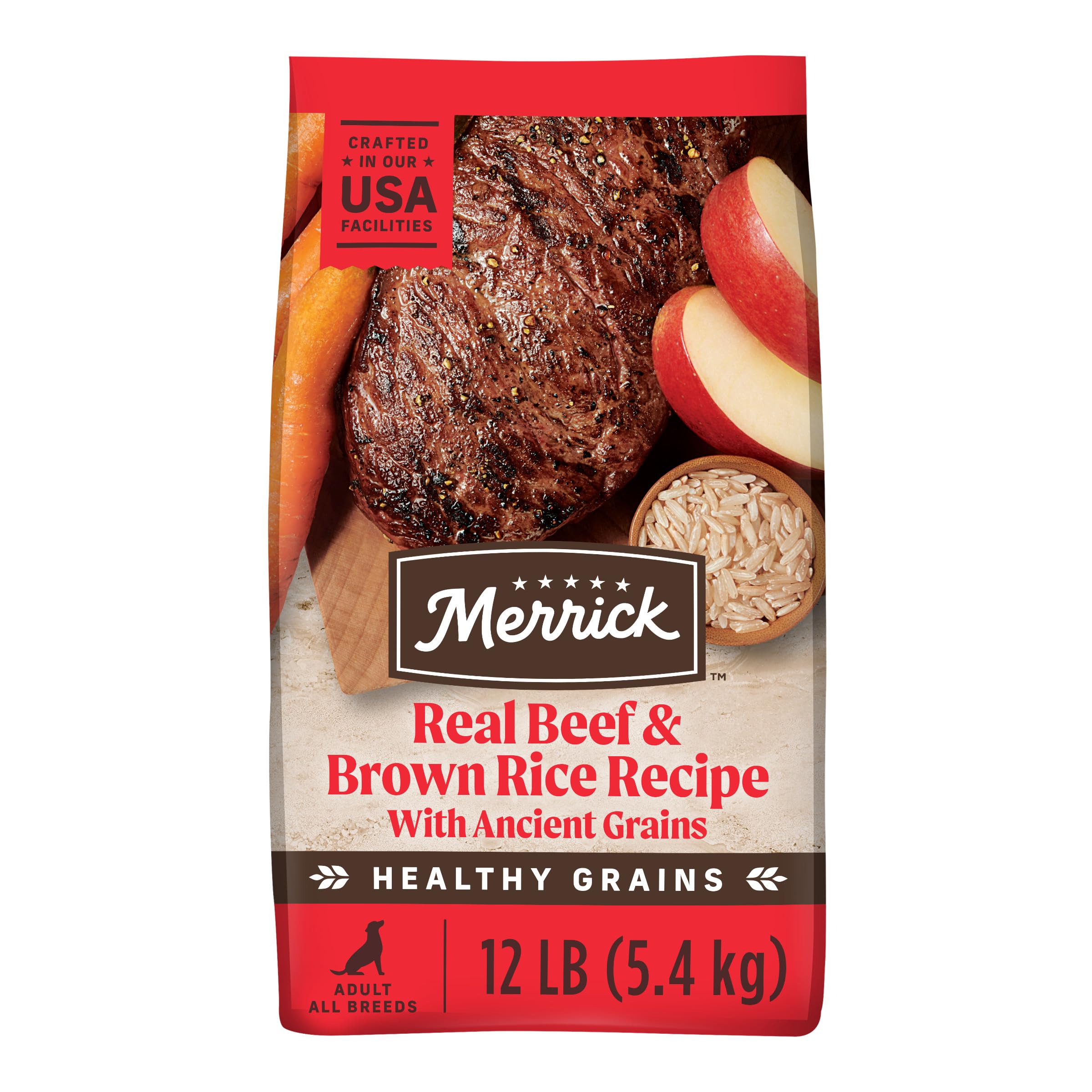 Merrick Healthy Grains Premium Adult Dry Dog Food, Wholesome And Natural Kibble With Beef And Brown Rice - 12.0 lb. Bag