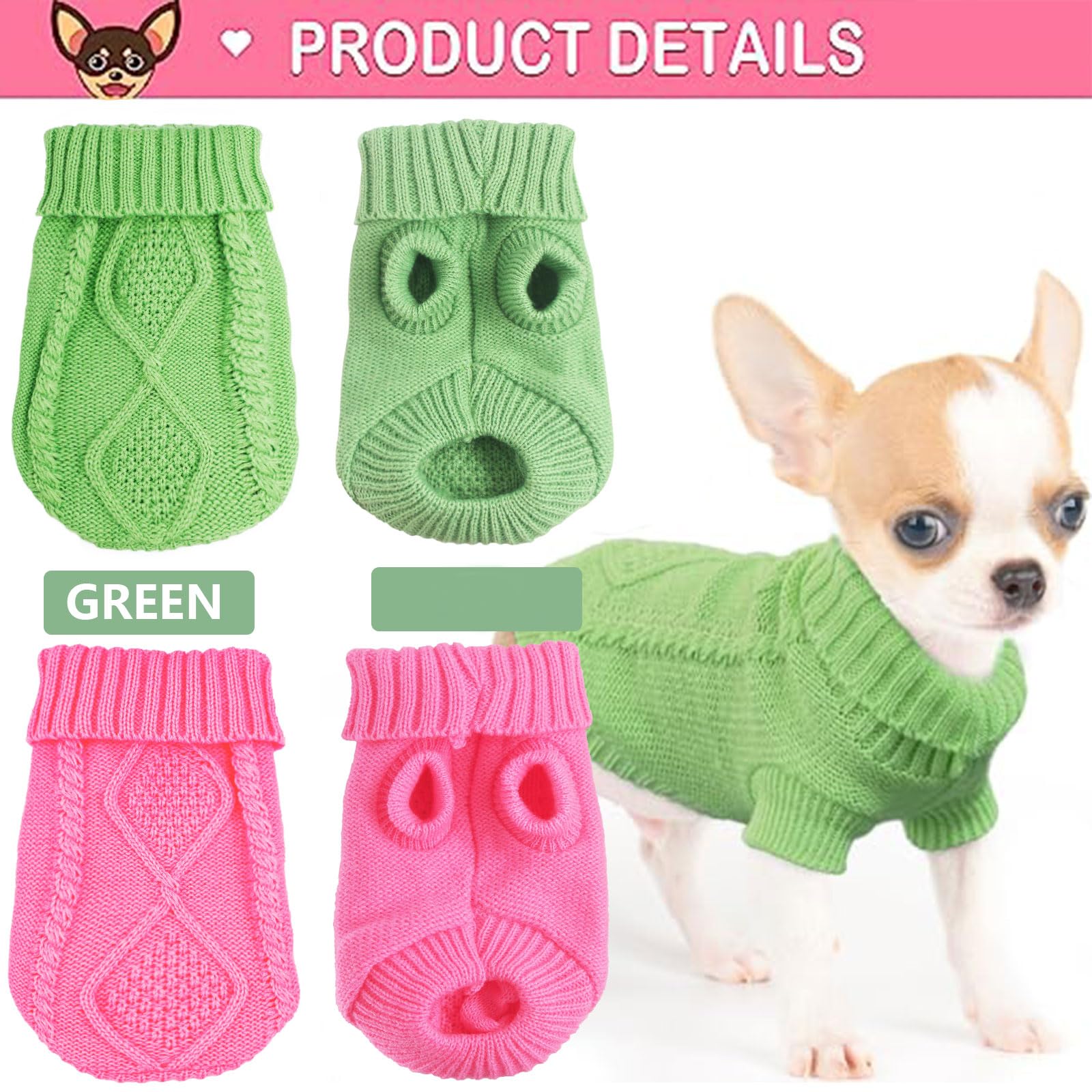 2 Pieces Dog Sweater For Small Dogs Girl Chihuahua Clothes, Spring Winter Cute Knitwear Turtleneck Thick Warm Clothing For Yorki