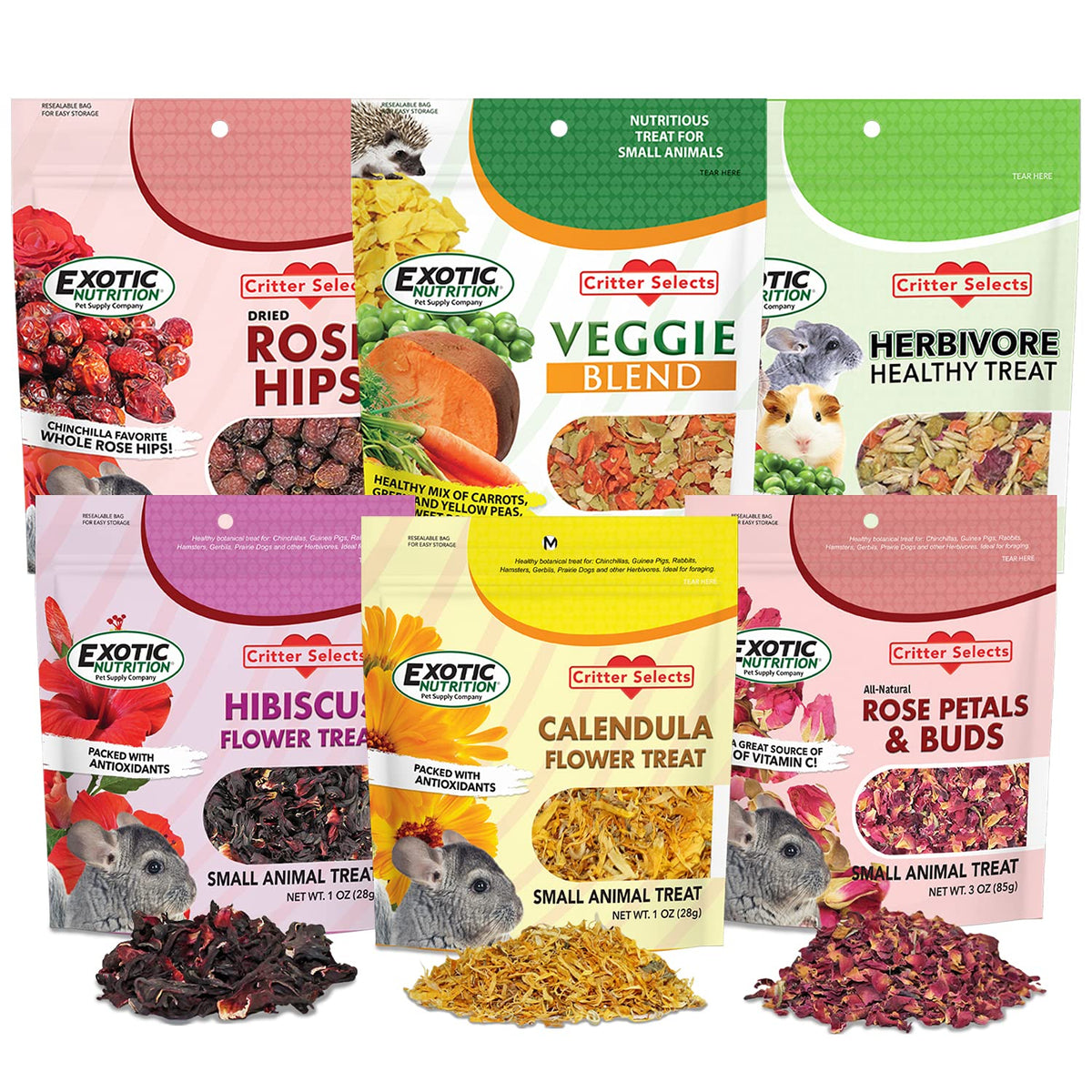 Exotic Nutrition Herbivore Treats 6 Pack - Healthy Assortment Small Animal Pet Treat - Squirrels, Guinea Pigs, Rabbits, Chinchil