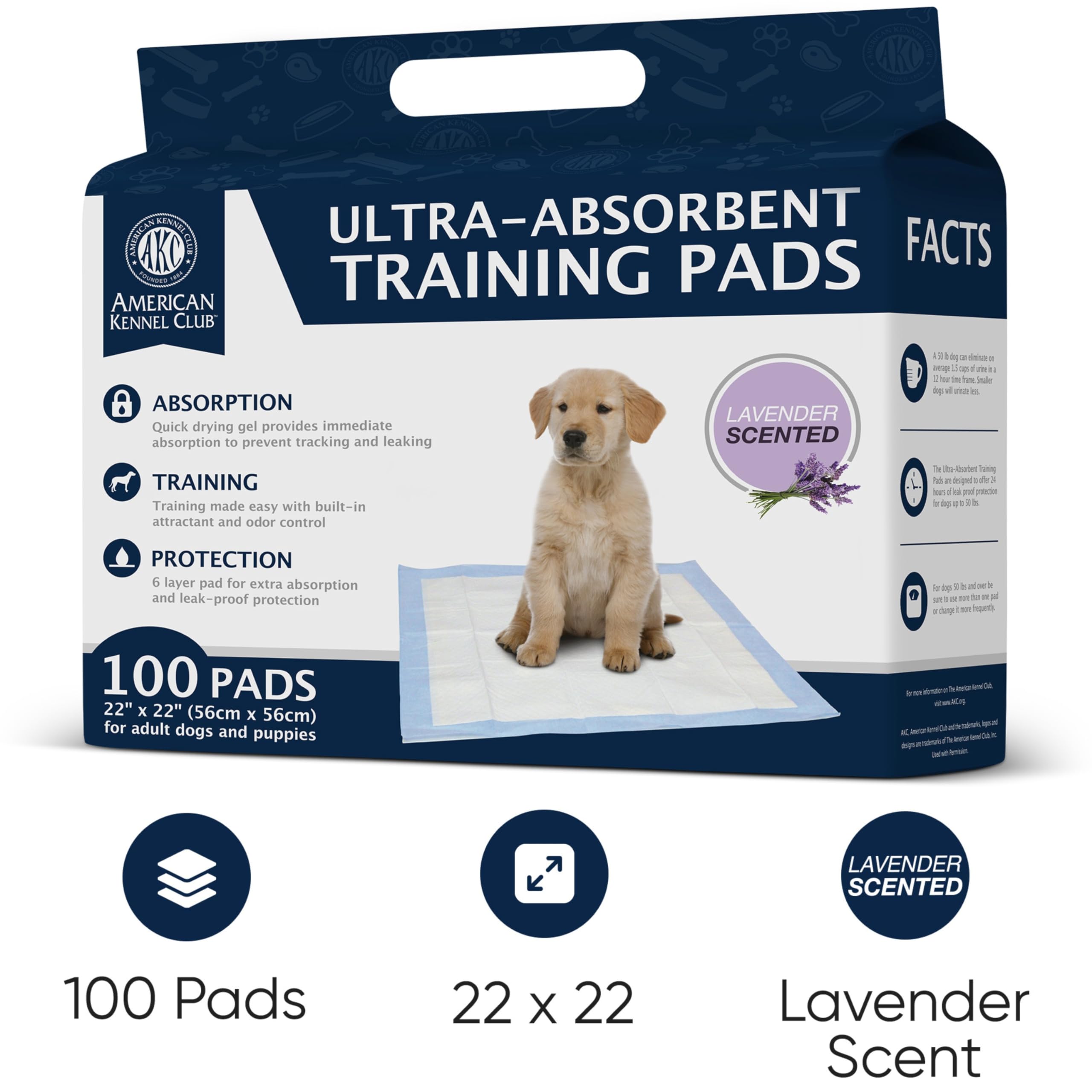 American Kennel Club Scented Puppy Training Pads with Ultra Absorbent Quick Dry Gel - 22 x 22 Pee Pads For Dogs - Lavender Scent