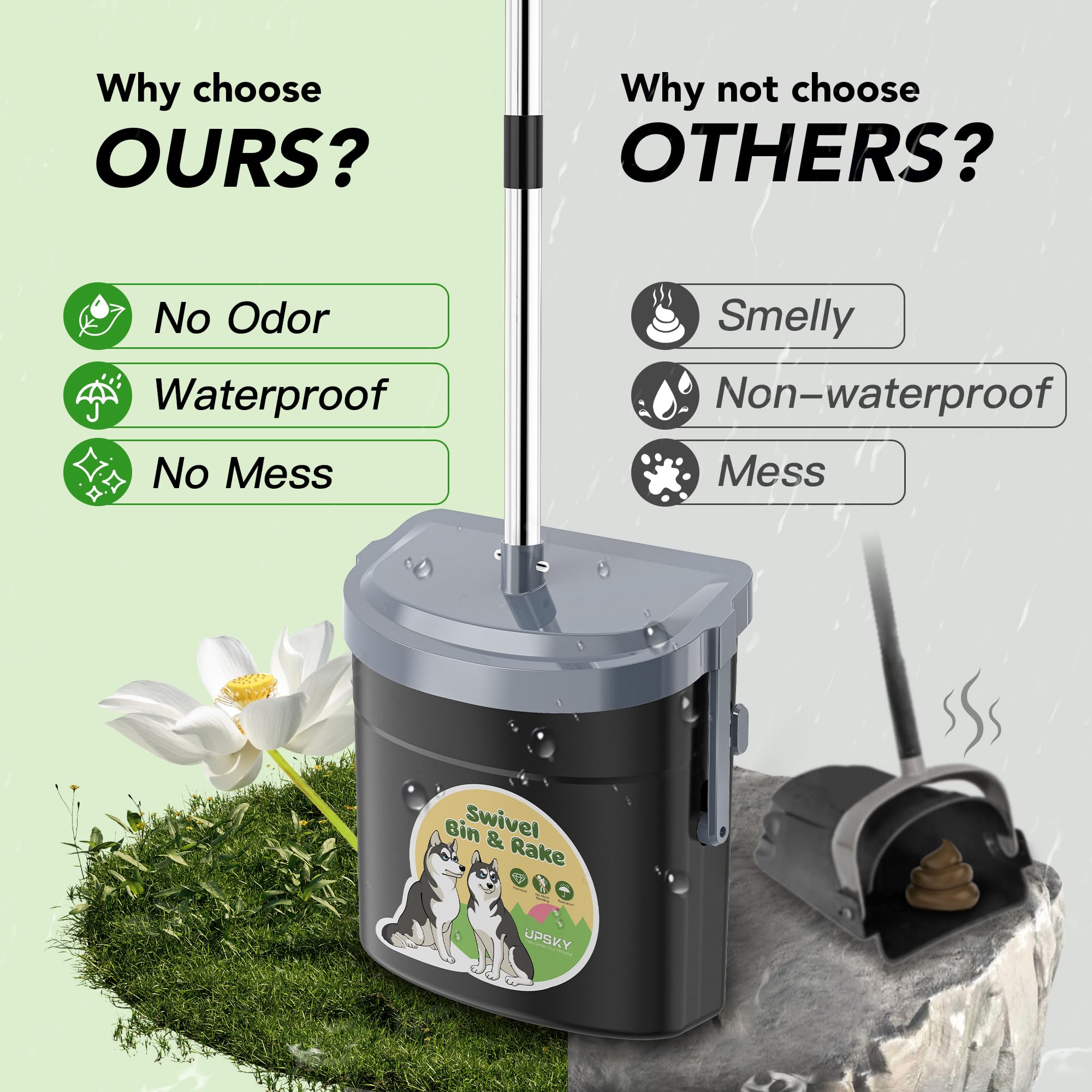 UPSKY Dog Pooper Scooper Swivel Bin & Rake Kit with 100 Waste Bags,33.4 '' Stainless Steel Long Handle Heavy Duty Pet Poop Shove