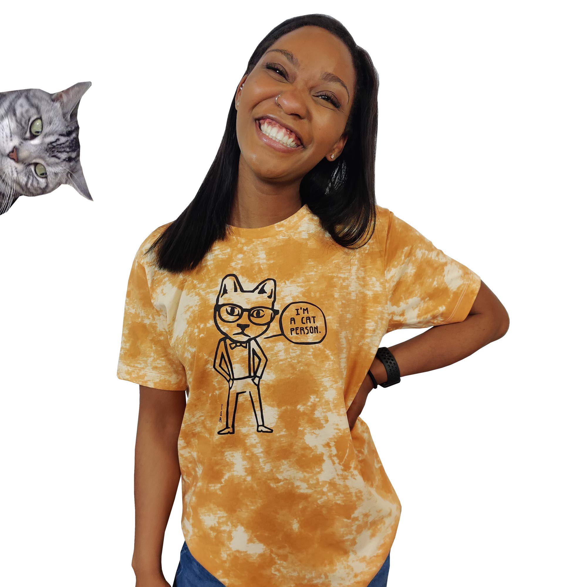 Cat/Dog Person T-Shirt (Cat Tie-Dye Yellow, Small)