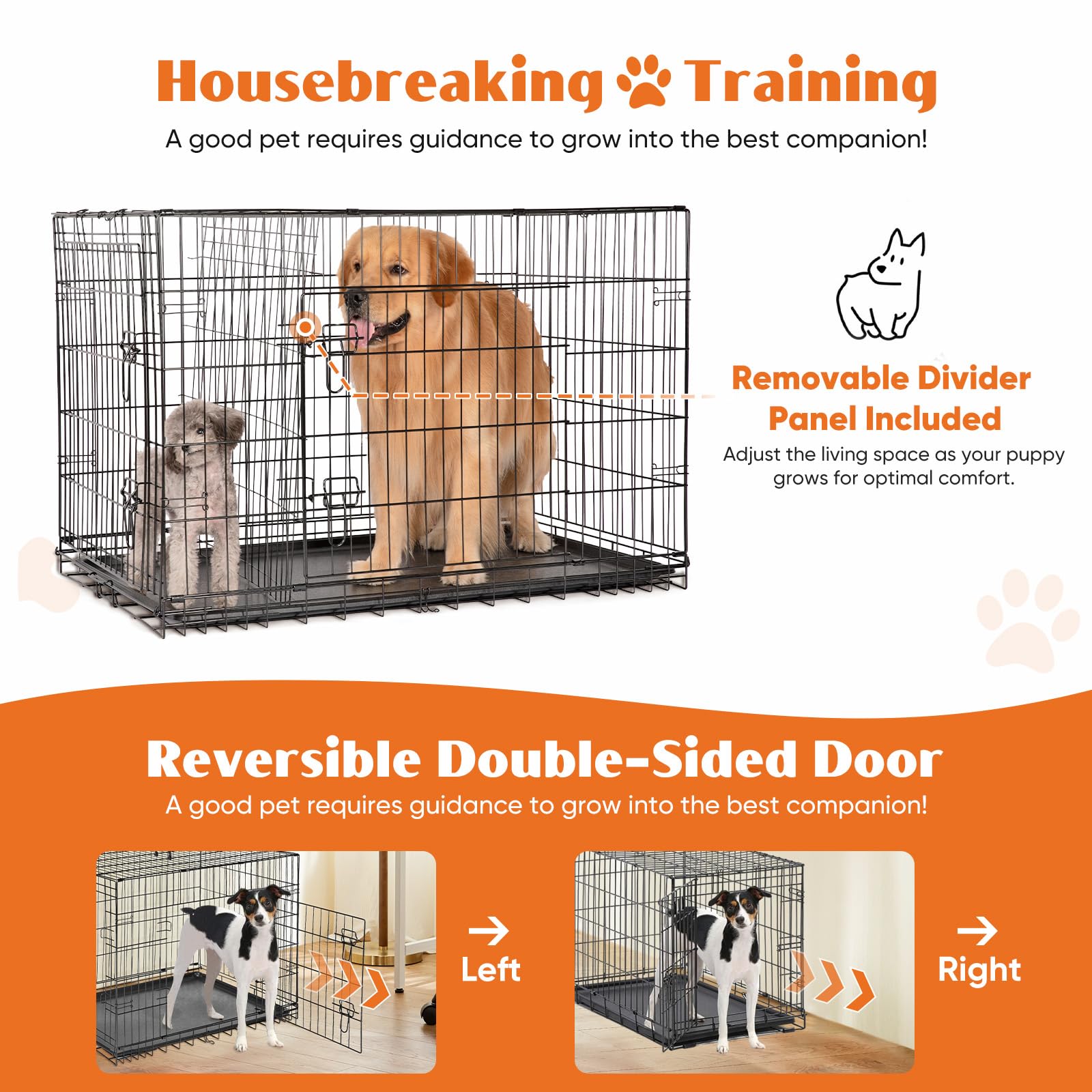 Sweetcrispy Dog Crate With Divider Panel, 42 Inch Double Door Folding Metal Wire Dog Cage With Plastic Leak-Proof Pan Tray, Larg