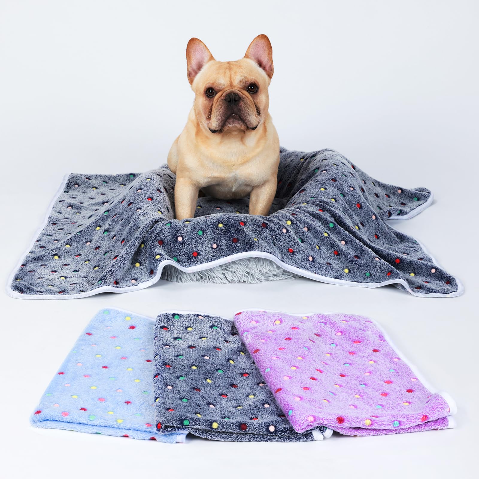 1 Pack 3 Blankets Super Soft Cute Dot Pattern Pet Blanket Flannel Throw For Dog Puppy Cat Blue/Purple/Grey Small