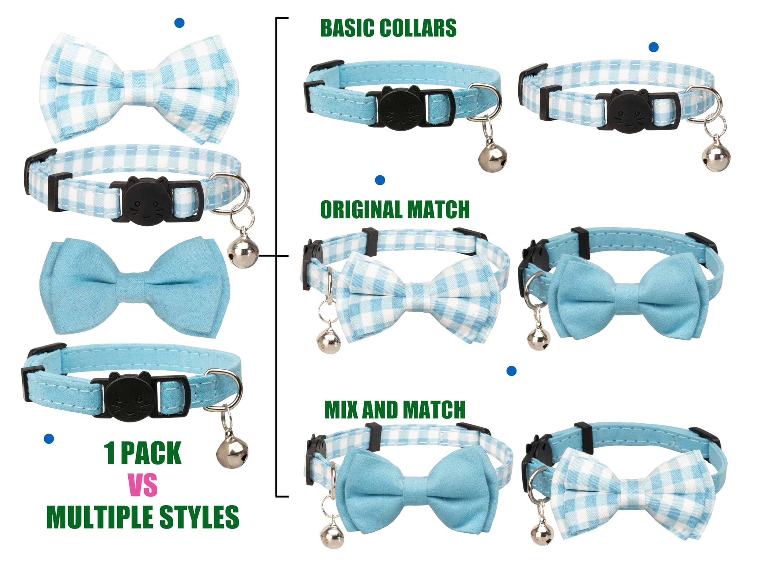 Gyapet Cat Collar Breakaway With Bell Boy Girl Kitten Bow Tie Safety Plaid Solid Color Set Cute Soft Summer [2Pcs] Blue