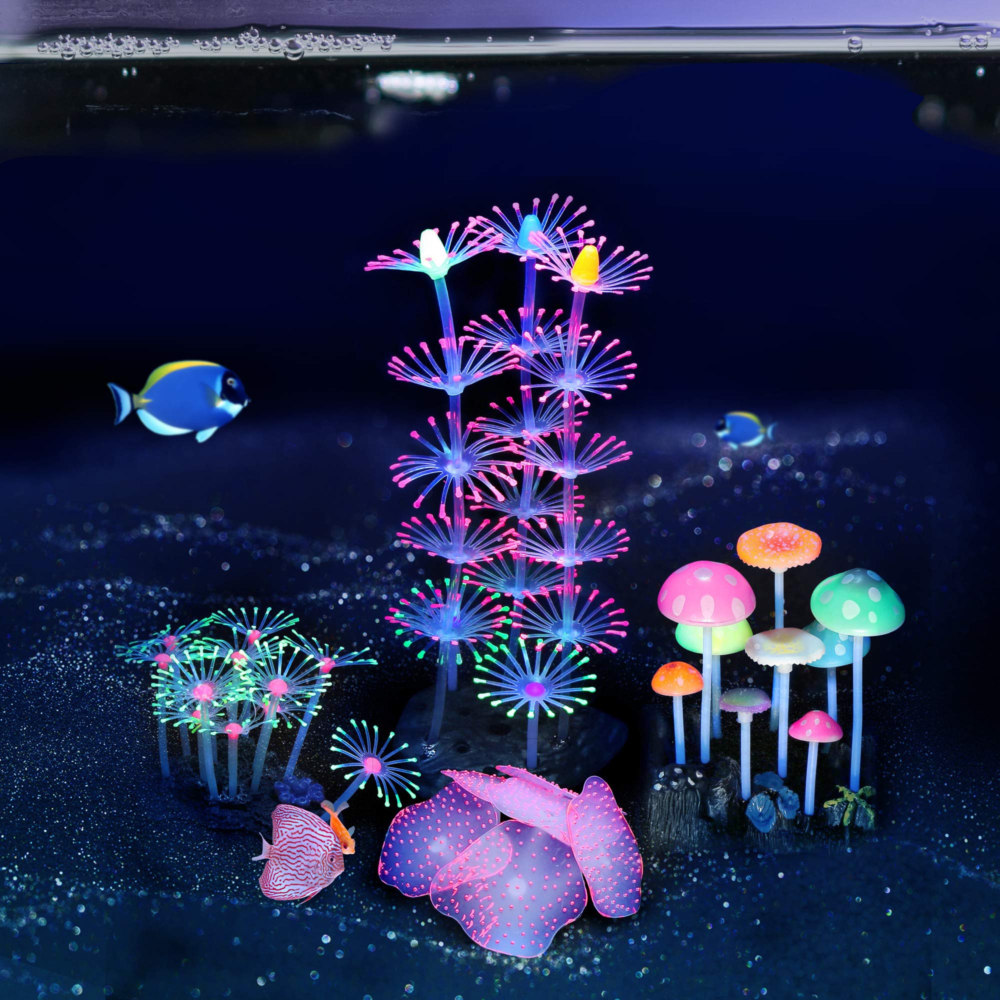 Lpraer Glow Aquarium Decorations - 4 Pack Silicone Coral Reef & Anemone, IIUS00153, Glowing Effect for Fish Tank