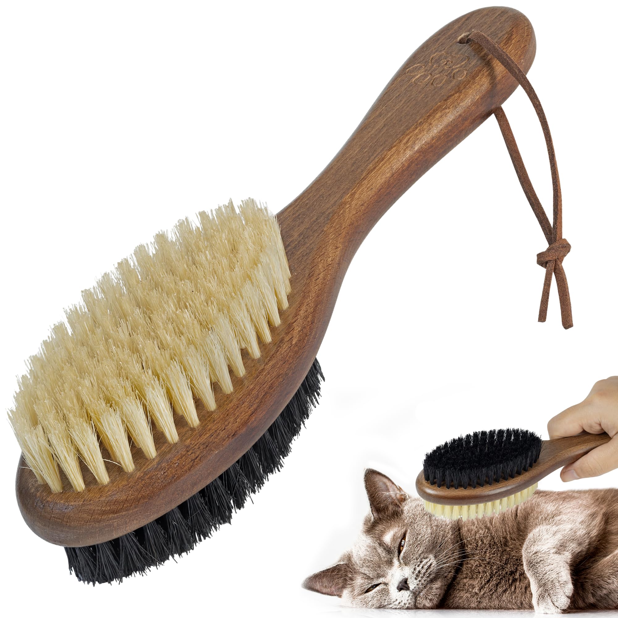 Takavu Double-Sided Boar Bristle Cat Brush - Natural Grooming Tool For Gentle Cleaning, Shine & Reduced Loose Hair - Wood Handle