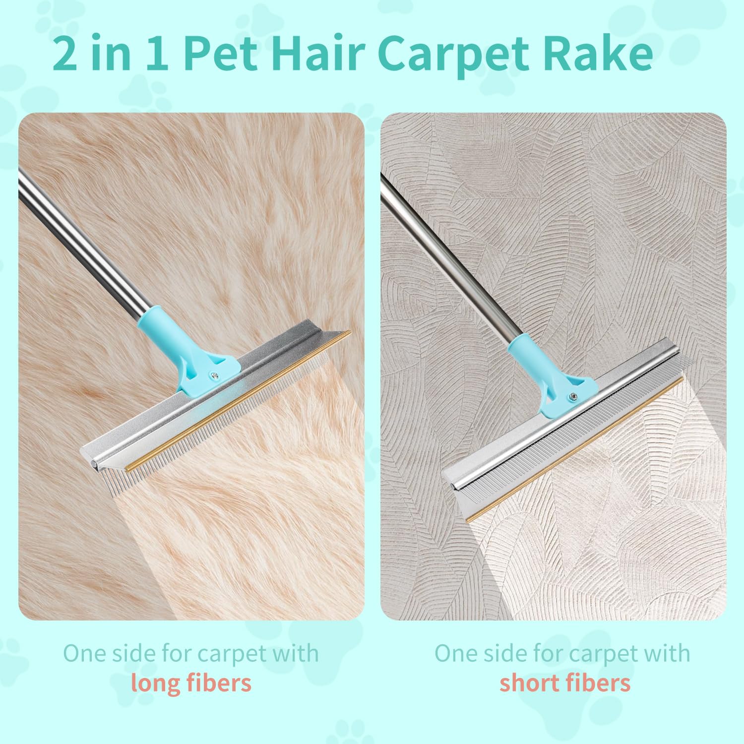 neatevday 2 in 1 Carpet Rake for Pet Hair Removal with 54'' Adjustable Handle, Reusable Pet Hair Removal Broom, Multi-Functional