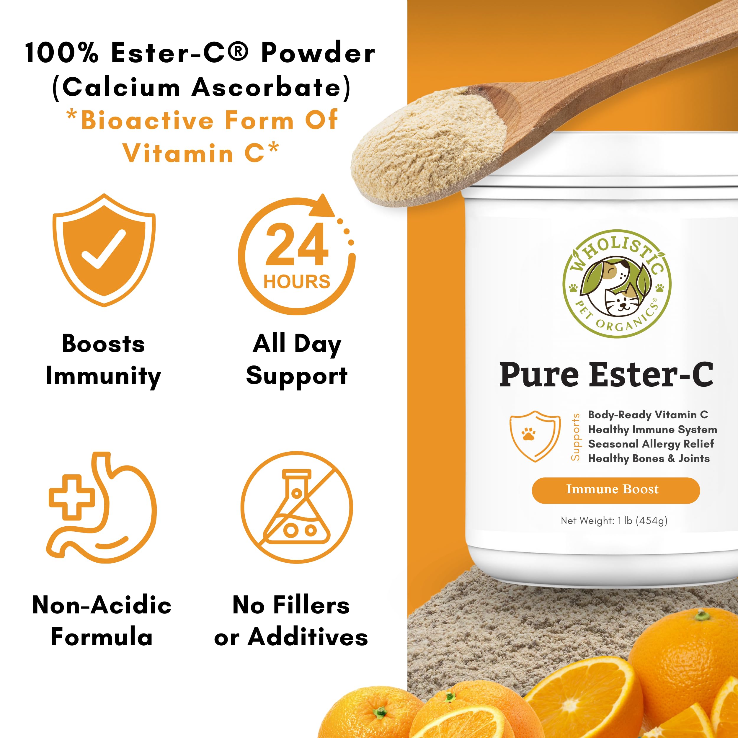 Wholistic Pet Organics Pure Ester-C Powder for Dogs & Cats - 1 Lb - Vitamin C Supplement for Immune Support, Skin & Coat Health,