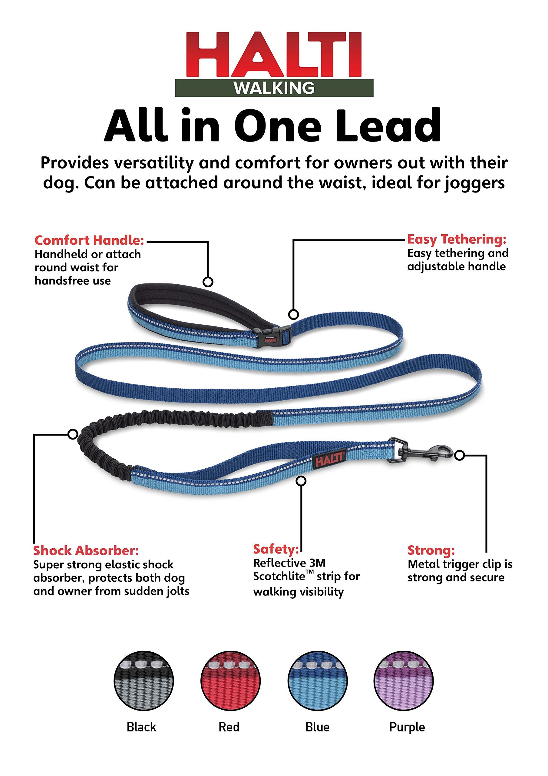 Halti Active Leash - Award-Winning Bungee Dog Leash, Shock-Absorbing, All-In-One Neoprene Padded Belt & Lead, Perfect For Running & Training With Medium & Large Dogs (Size Large, Blue)