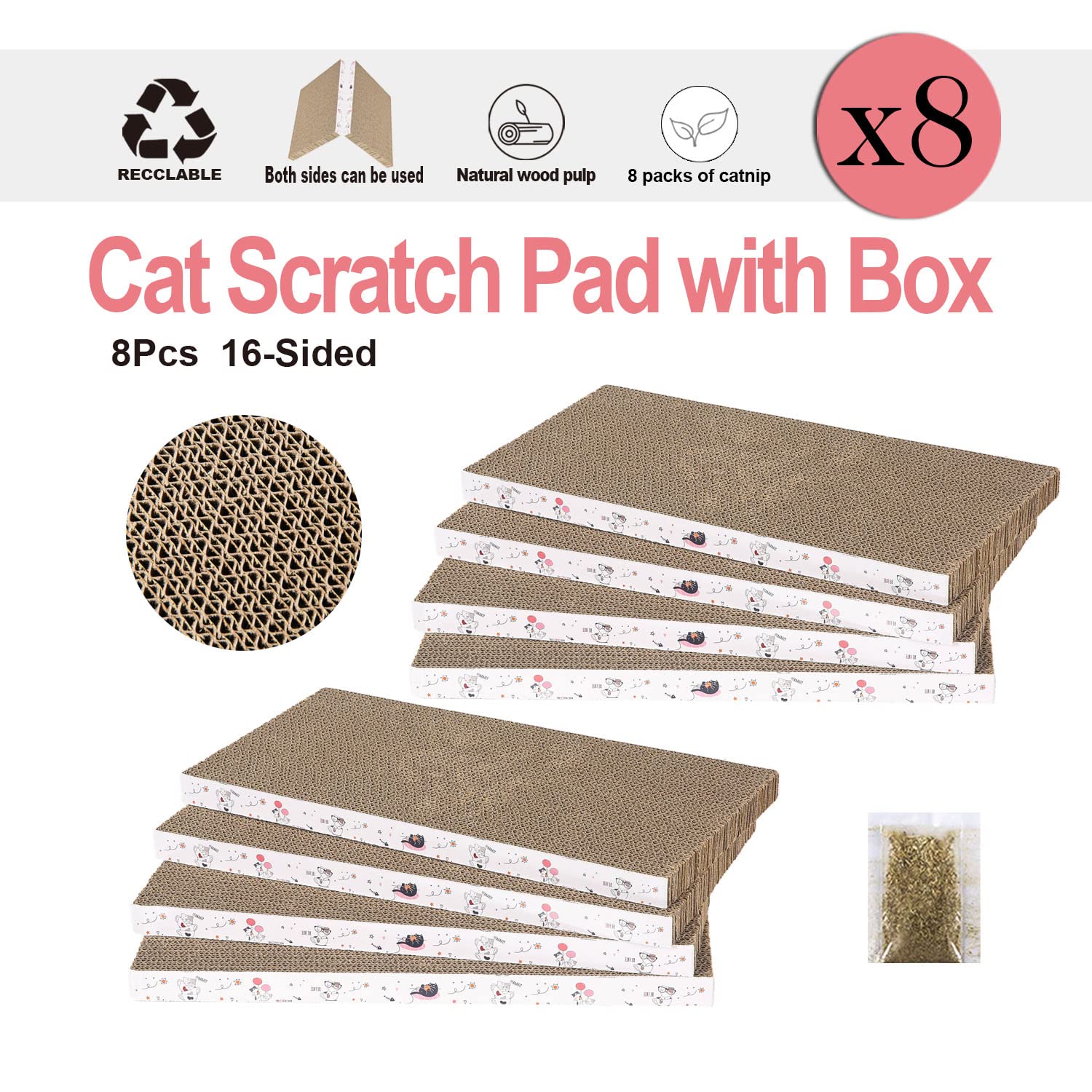8 Packs In 1 Cat Scratch Pad, Cat Scratcher Cardboard,Reversible,Durable Recyclable Cardboard, Premium Scratch, Suitable For Cats To Rest, Grind Claws And Play