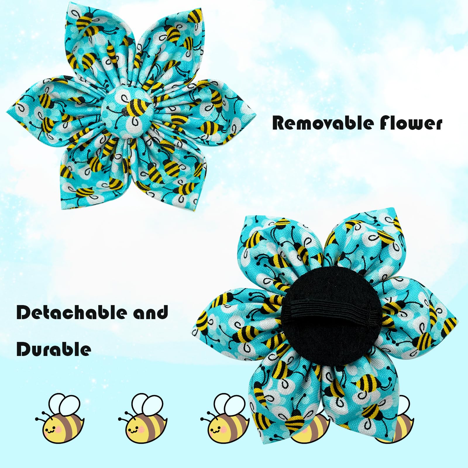 Elegant little tail Dog Collar with Flower, Flower Girl Dog Collar for Female Dogs Blue Bee Pet Collar Gift Adjustable Dog Colla