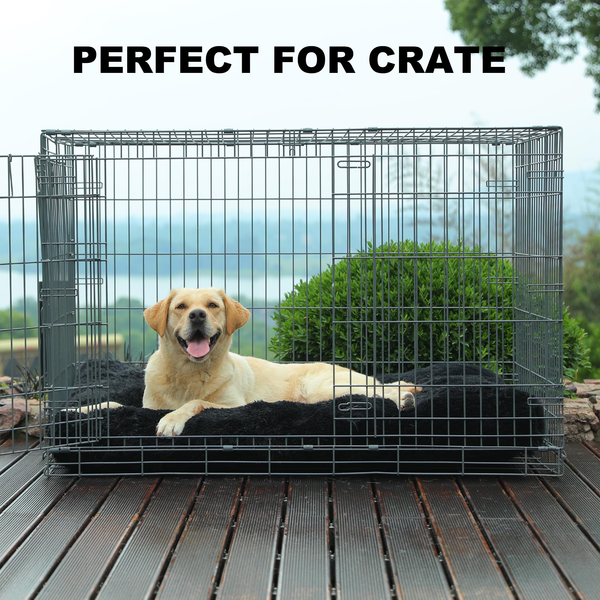 Bedfolks Waterproof Crate Bed, Plush Dog Kennel Pad With Removable Cover, Faux Fur, Fluffy Washable, 47''X29'', Black