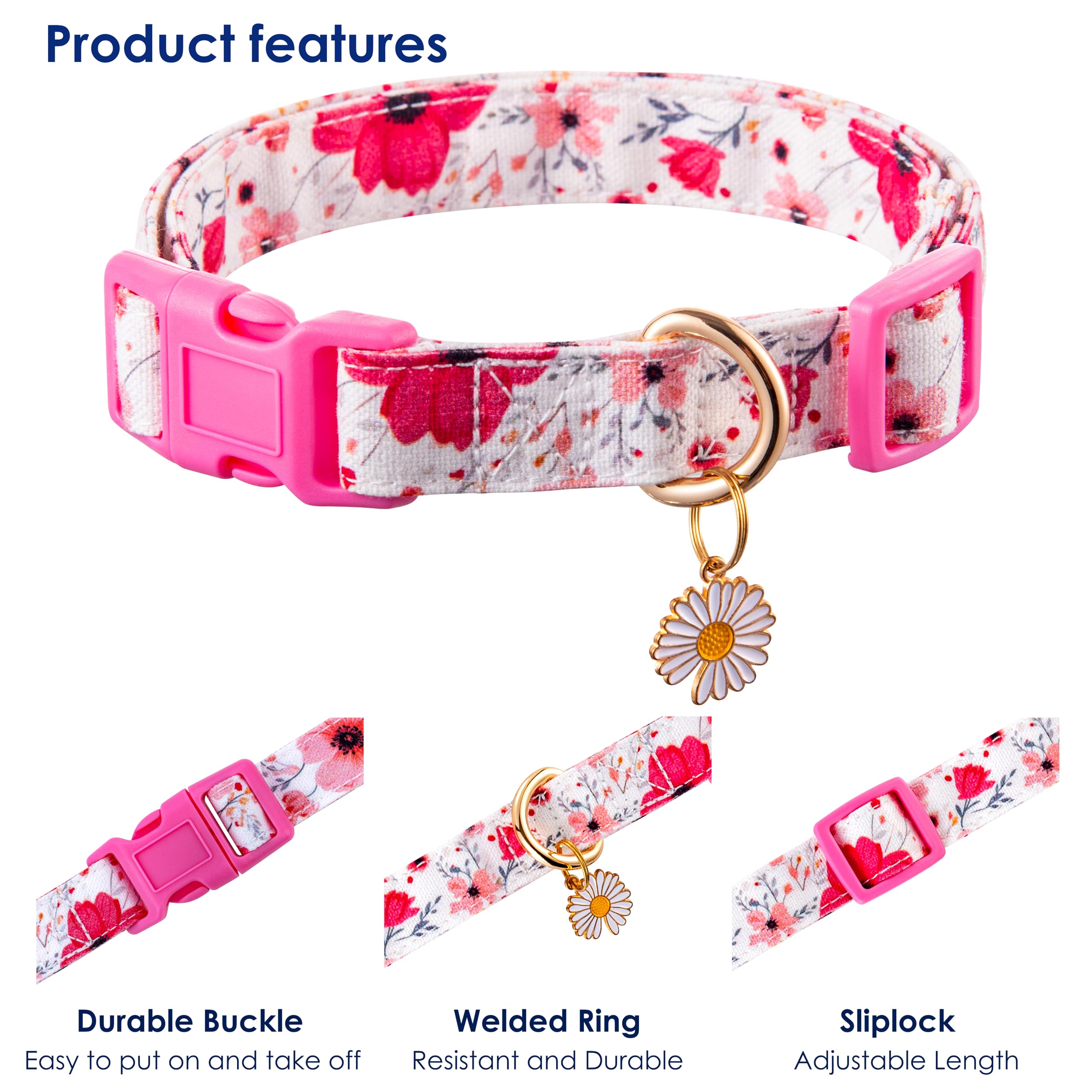Raisingwell Cotton Dogs Collar Light Pink Flower Patterns For Boys And Girls Cute Dog Collars Summer Fall Gift Adjustable For Me