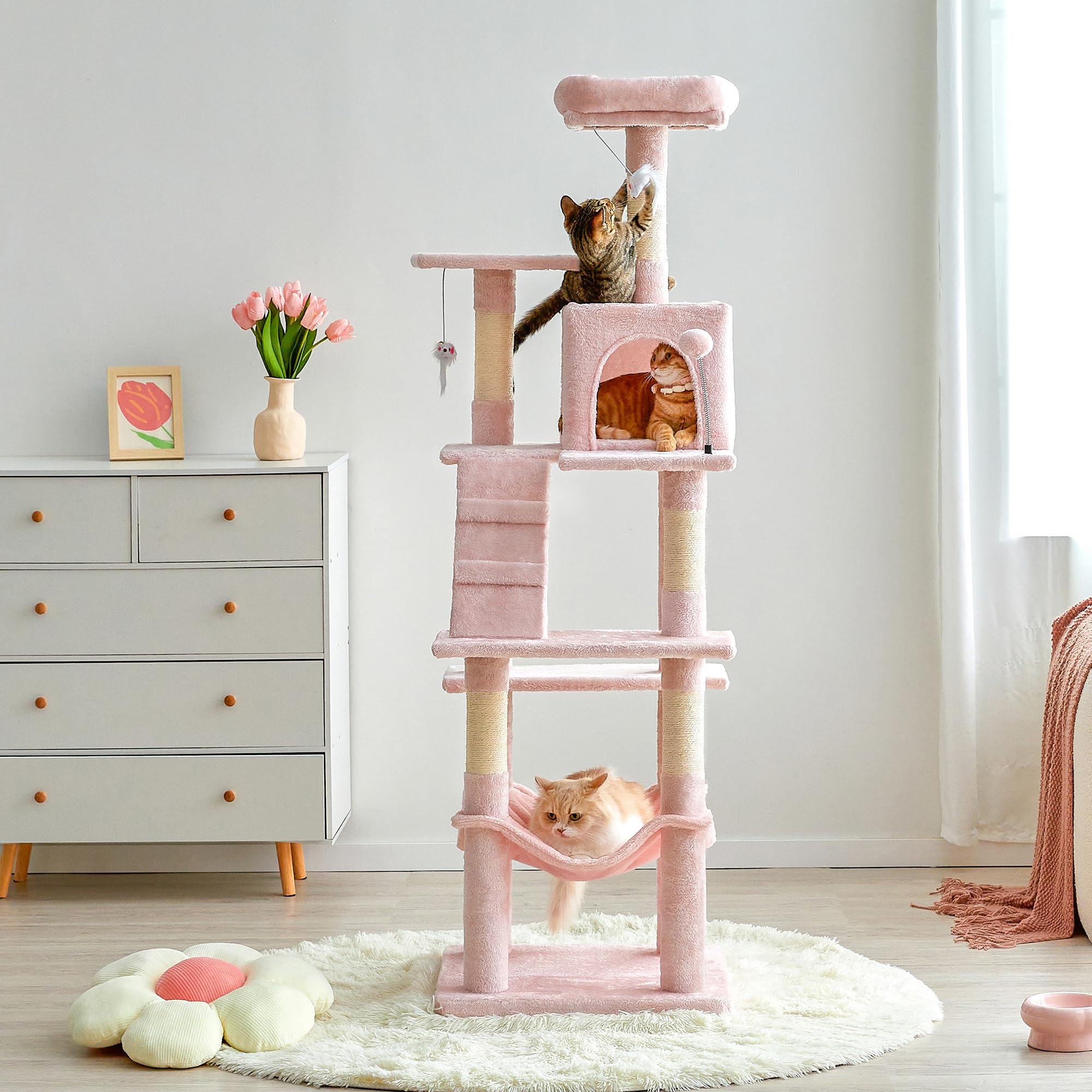 Mwpo 63.8-Inch Pink Cat Tree For Indoor Cats, Multi-Level Cat Tower With Sisal-Covered Scratching Posts, Padded Platform, Hammock, Dangling Toys, Stable Cat Condo Pet Play House