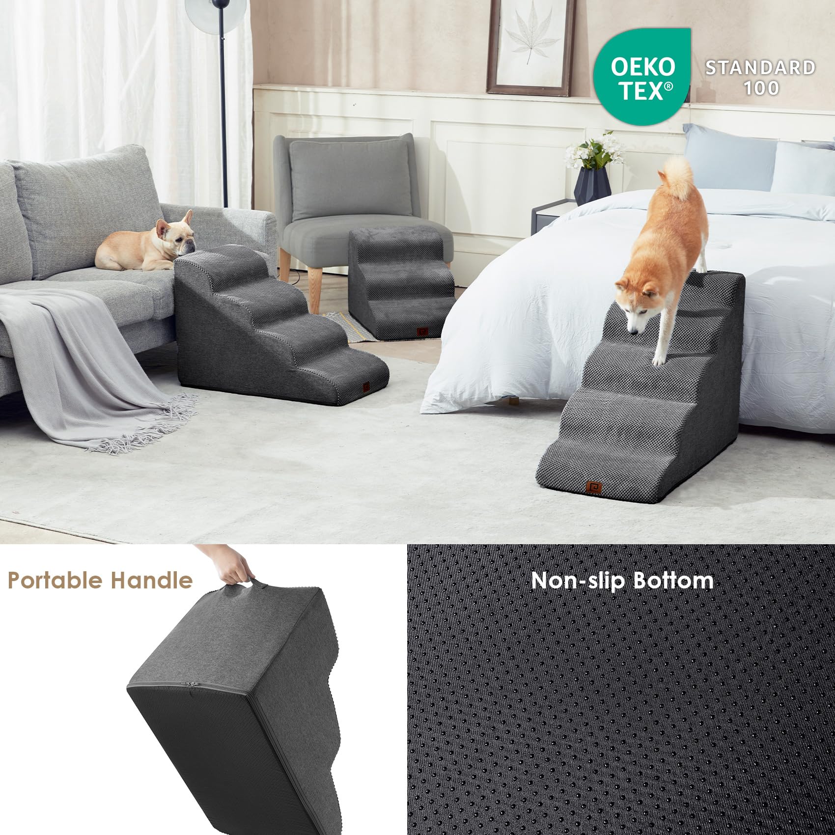 Eheyciga Curved Dog Stairs Ramp For High Beds 19.7' H, 4-Step Dog Steps For Small Dogs And Cats, Pet Stairs For High Bed Climbing, Non-Slip Balanced Pet Step Indoor, Grey