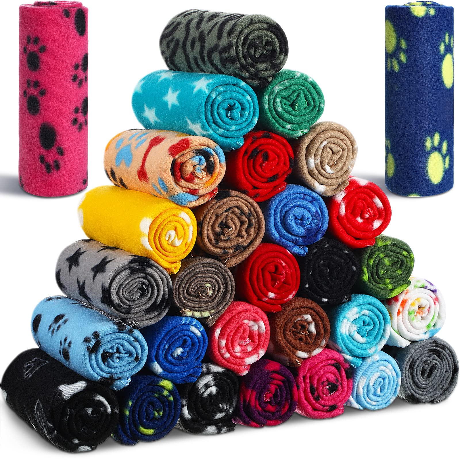 Chumia 28 Pieces Puppy Blanket Bulk Small Fleece Pet Blanket For Puppy Dogs Kitten Cats Pets Soft Warm Paw Print Sleep Mat Bed C