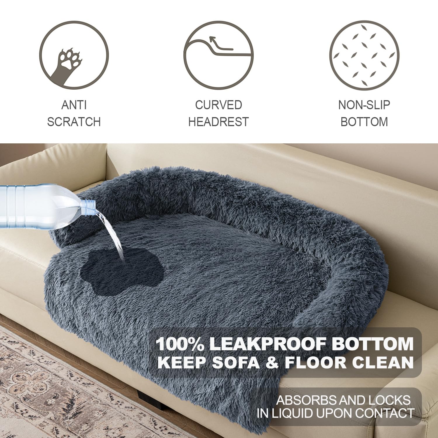 Tinaco Luxurious Calming Dogs/Cats Bed Mats, Washable Removable Couch Cover, Plush Long Fur Mat For Pets, Waterproof Lining, Perfect For Small, Medium And Large Dogs And Cats (Dark Gray, M)