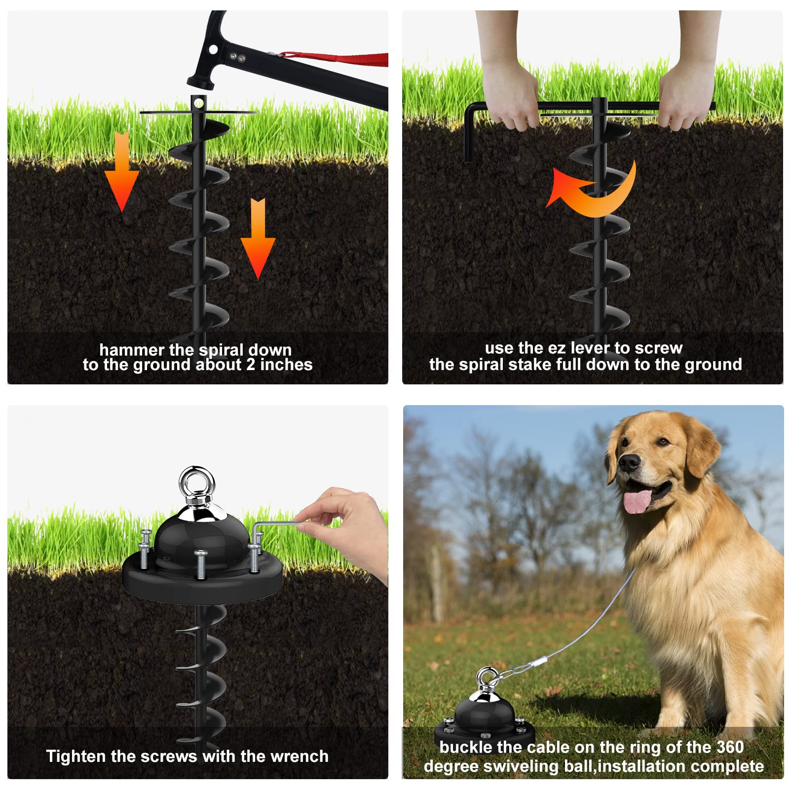 Eurmax USA 360? Swivel Pet Dog Tie Out Stake Dog Anchor Heavy Duty Dog Yard Stake Rust Proof Anchor Dog Tether(Black)