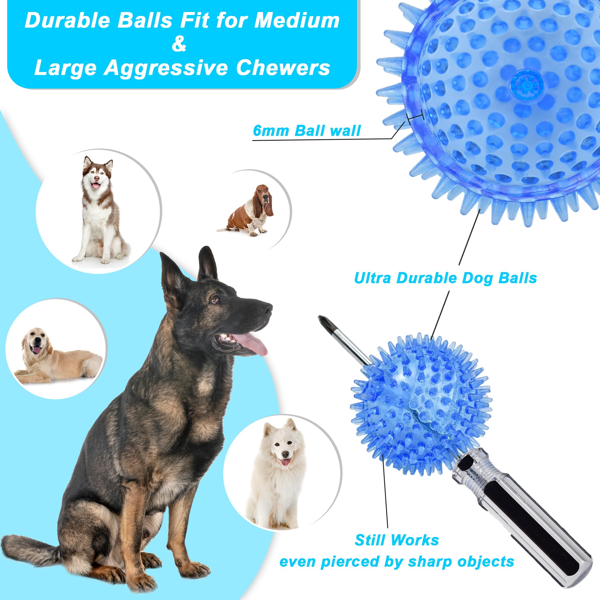 Ousiya 3.5    Squeaky Dog Toy Balls (6 Colors) Dog Toys Spikey Dog Ball for Aggressive Chewers Heavy Duty Teething Large Medium