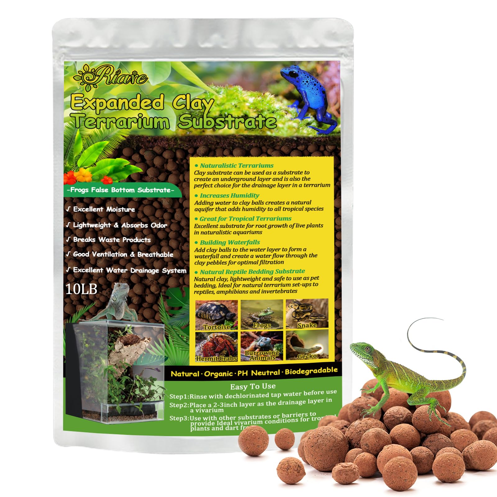 Riare 10Lbs Expanded Clay Balls Terrarium Substrate For Reptiles - 100% Organic Lightweight Clay Pebbles Substrate Frogs False B