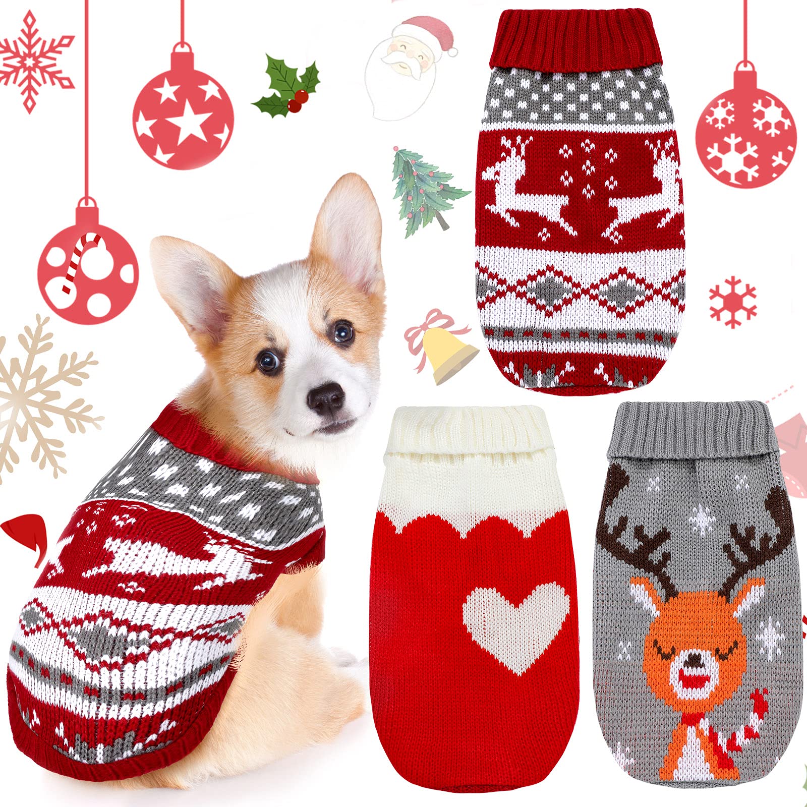 3 Patterns Christmas Dog Sweater Cat Puppy Christmas Sweater Pet Reindeer Heart Cat Sweaters Vintage Warm Christmas Dog Clothes For Small Dog And Cat(S, Fit 2.2 Lbs - 4.4 Lbs)