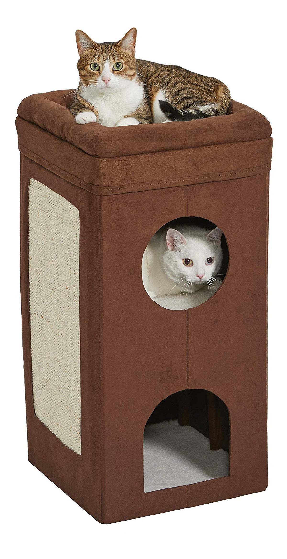 Midwest Homes For Pets Cat Condo | Tri-Level Design In Brown Faux Suede & Synthetic Sheepskin | 14.6L X 14.72W X 30.39H Inches