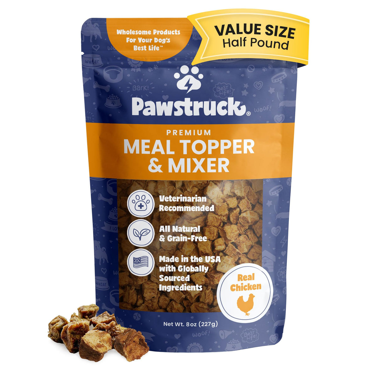 Pawstruck Vet Recommended Air Dried Dog Food Toppers For Picky Eaters - Made In Usa With Real Chicken - Premium All Natural Meal Mix-In Kibble Seasoning Enhancer - 8 Oz - Packaging May Vary