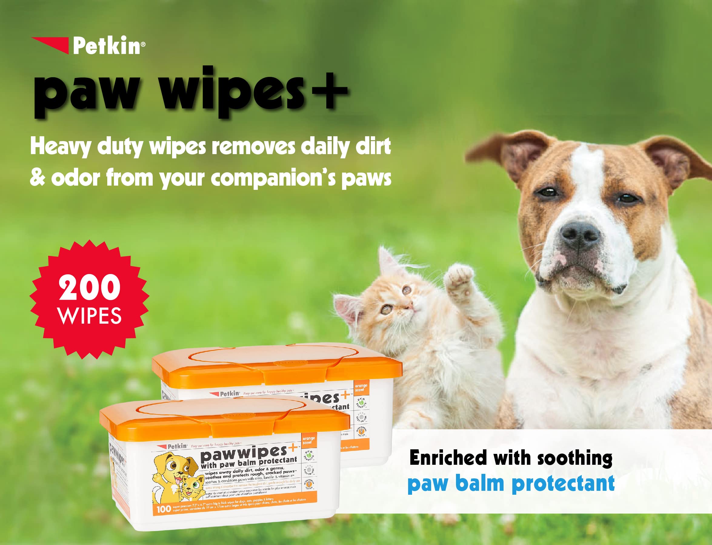 Petkin Paw Wipes Plus, 200 Orange Scented Wipes, 2 Pack - Absorbent Pet Paw Wipes Remove Daily Dirt & Odors - Enriched With Paw