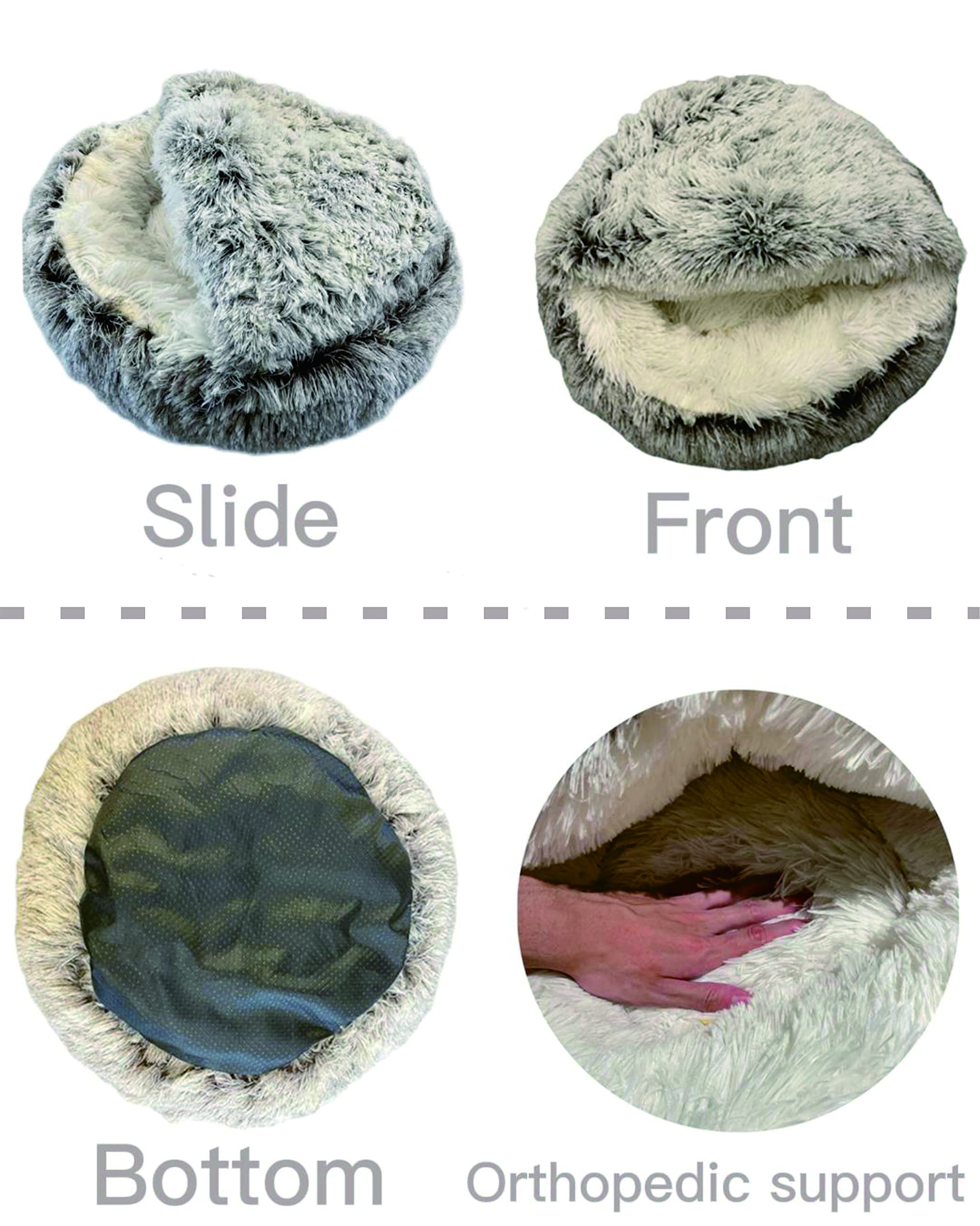 Shinhye Cat Bed Round Plush Fluffy Hooded Cat Bed Cave, Cozy For Indoor Cats Or Small Dog Beds, Soothing Pet Beds Doughnut Calm Anti-Nxiety Dog Bed - Waterproof Bottom Washable, Grey.20 Inches