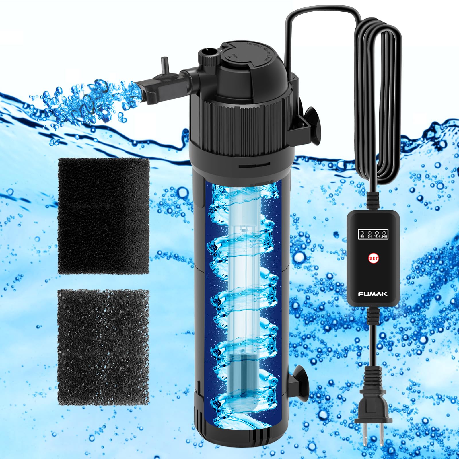Fumak U - V Aquarium Filter For Green Water, Fish Tank Filter Pump With Timer, Dual Mode(Aeration/Rainfall) Fish Filter Turtle T
