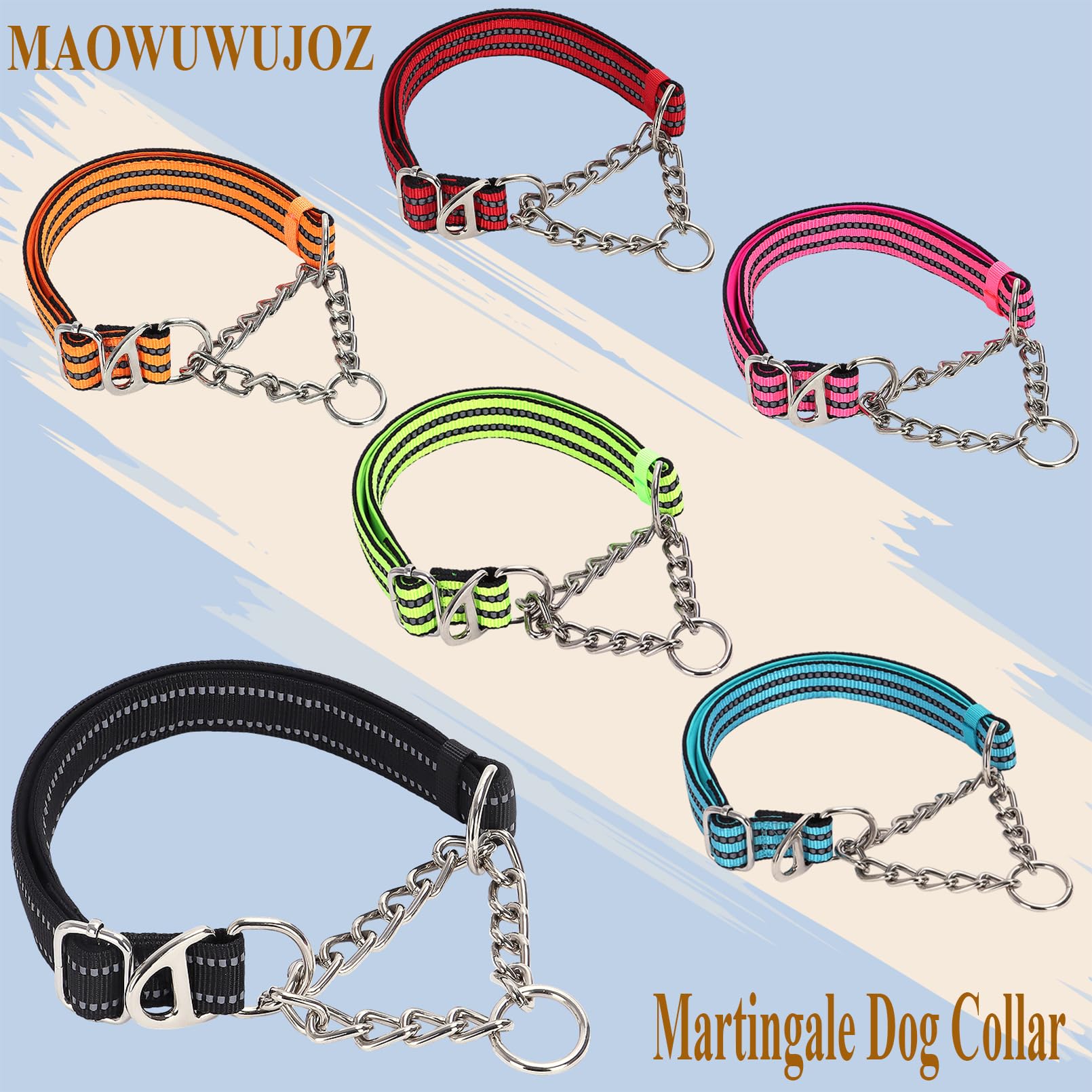 Reflective Martingale Collar For Dogs With Steel Chain, Adjustable No Pull Dog Training With Soft Padded For Large Breed Dogs, M