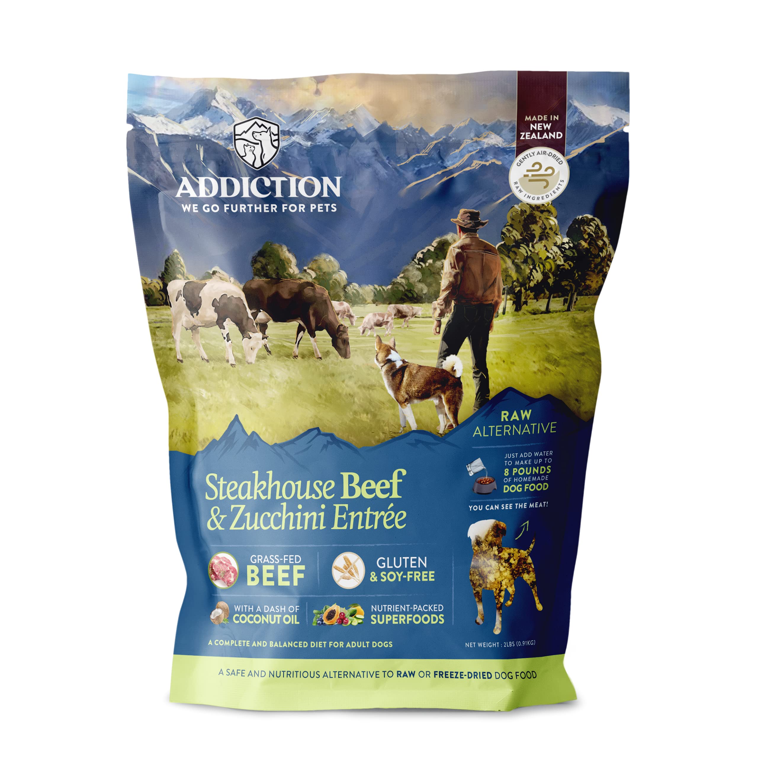 Addiction Steakhouse Beef & Zucchini Air-Dried Grain-Free Dog Food - Complete Meal or Topper with Natural Ingredients for Digest