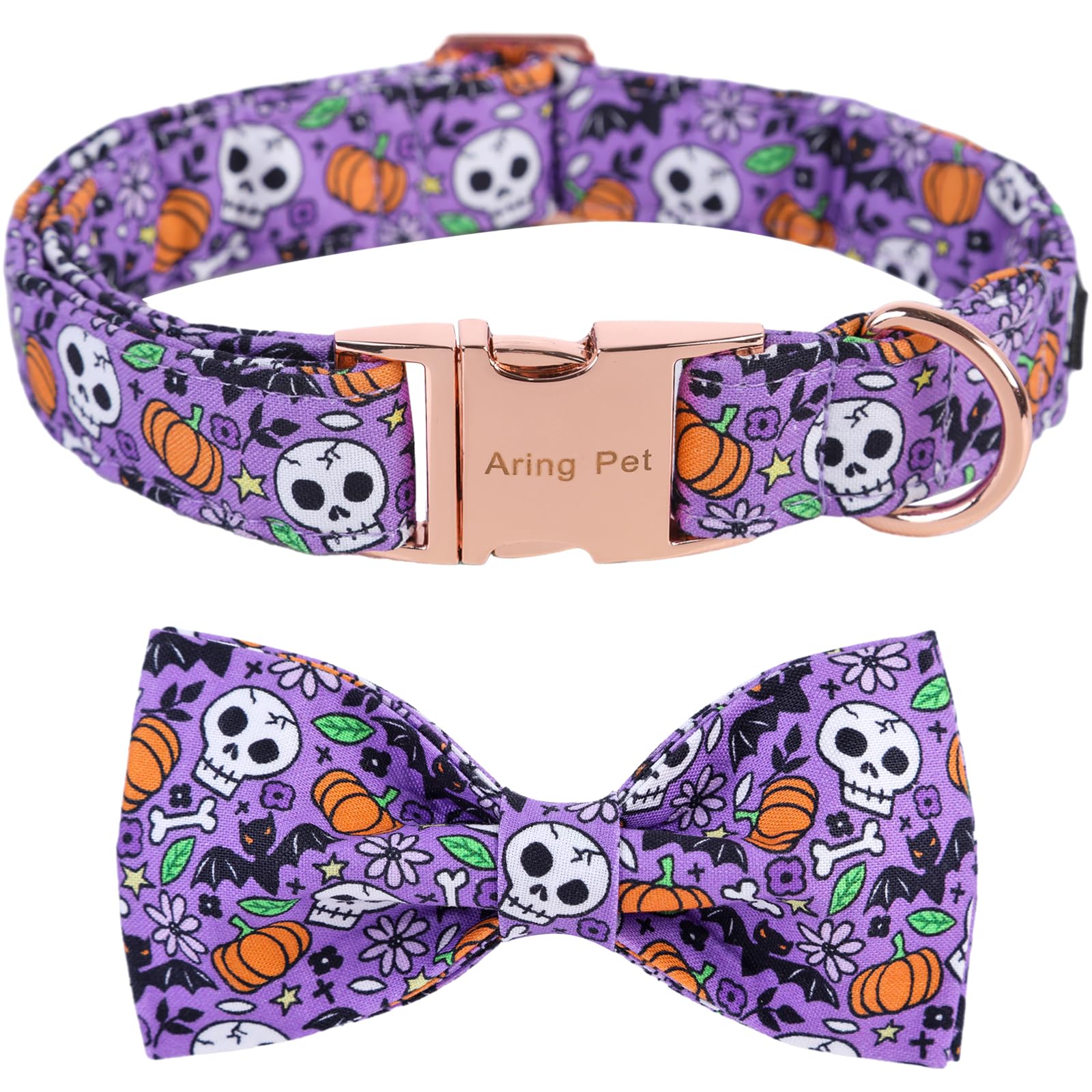 Aring Pet Halloween Dog Collar Cute Pumpkin Dog Collar Bowtie, Cotton Purple Skull Bat Dog Collars Daisy Puppy Collars With Metal Buckle