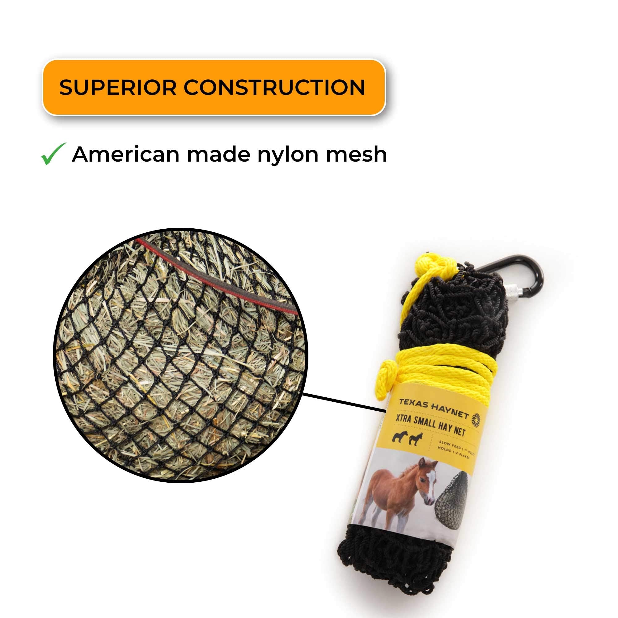 Texas Haynet - Extra Small Slow Feed Hay Net With 1 Inch Holes, Easily Holds 1-2 Flakes