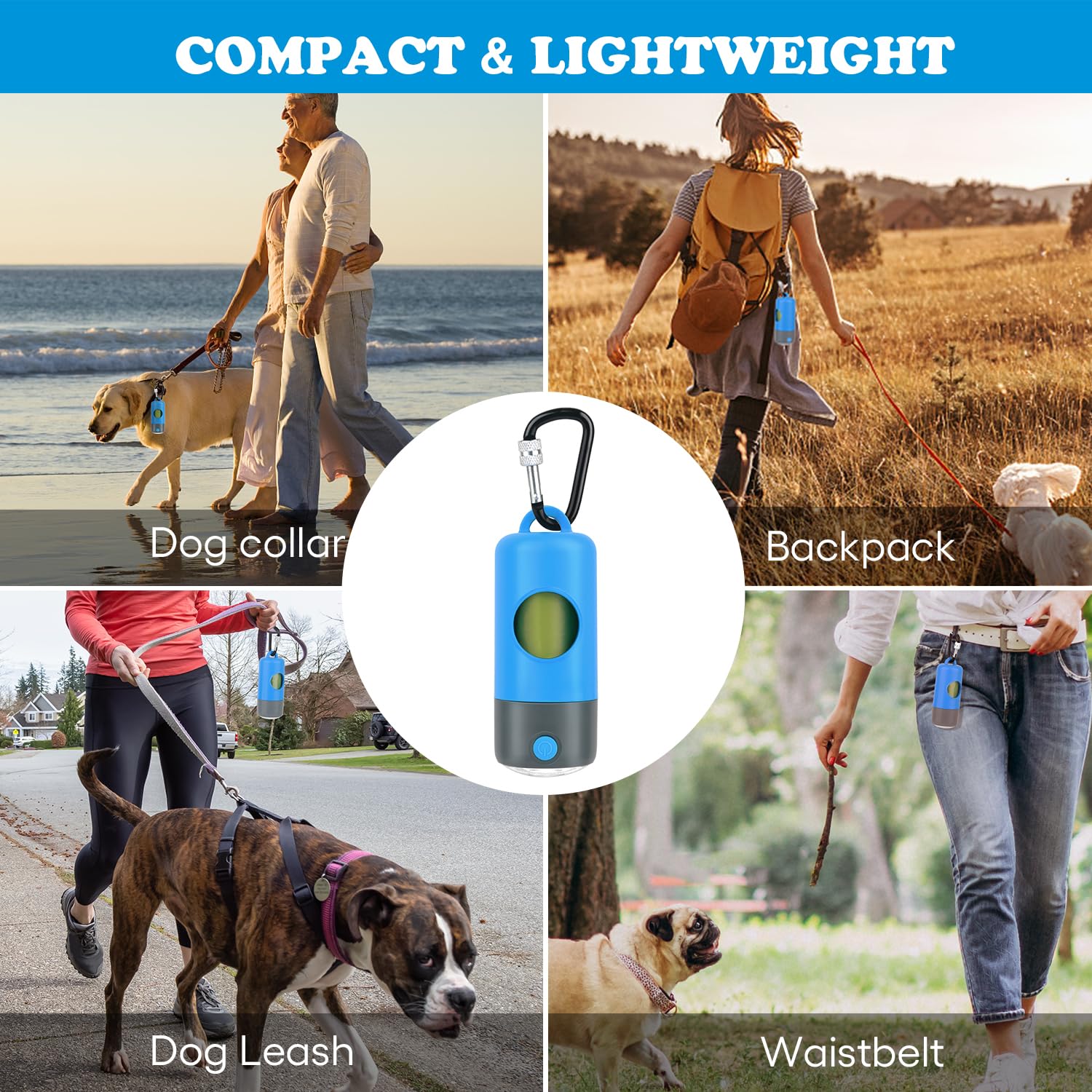 Novkin Rechargeable Dog Poop Bag Dispenser With Safety LED Flashlight, Pet Waste Bag Holder with Carabiner Clip For Leash, Colla