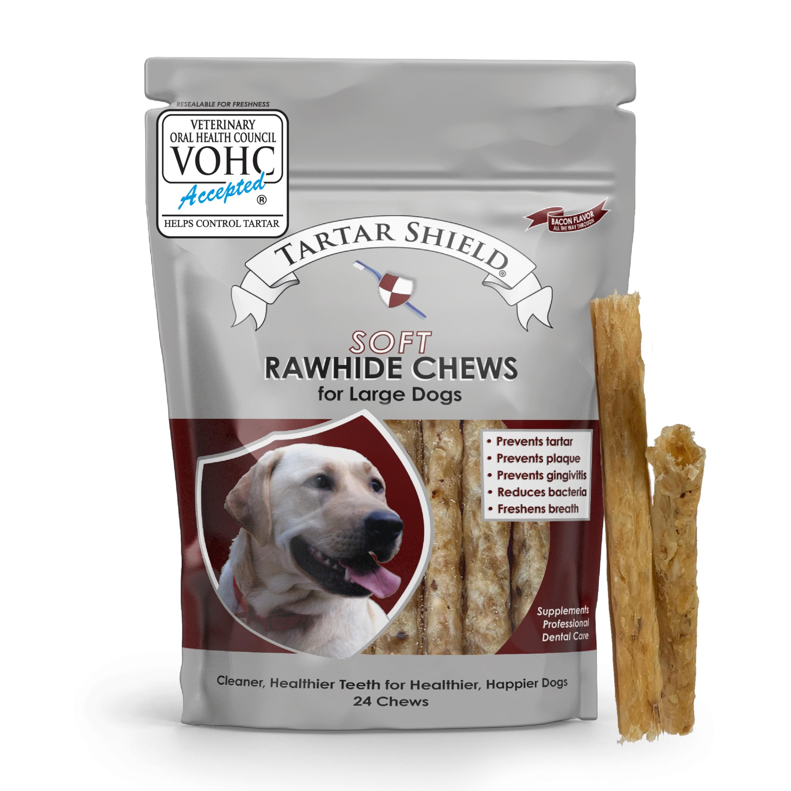 Tartar Shield Soft Rawhide Chews | Safe Dental Treats for Large Dogs | Vet VOHC Approved | Daily Bone Cleans Teeth & Gums Fresh 