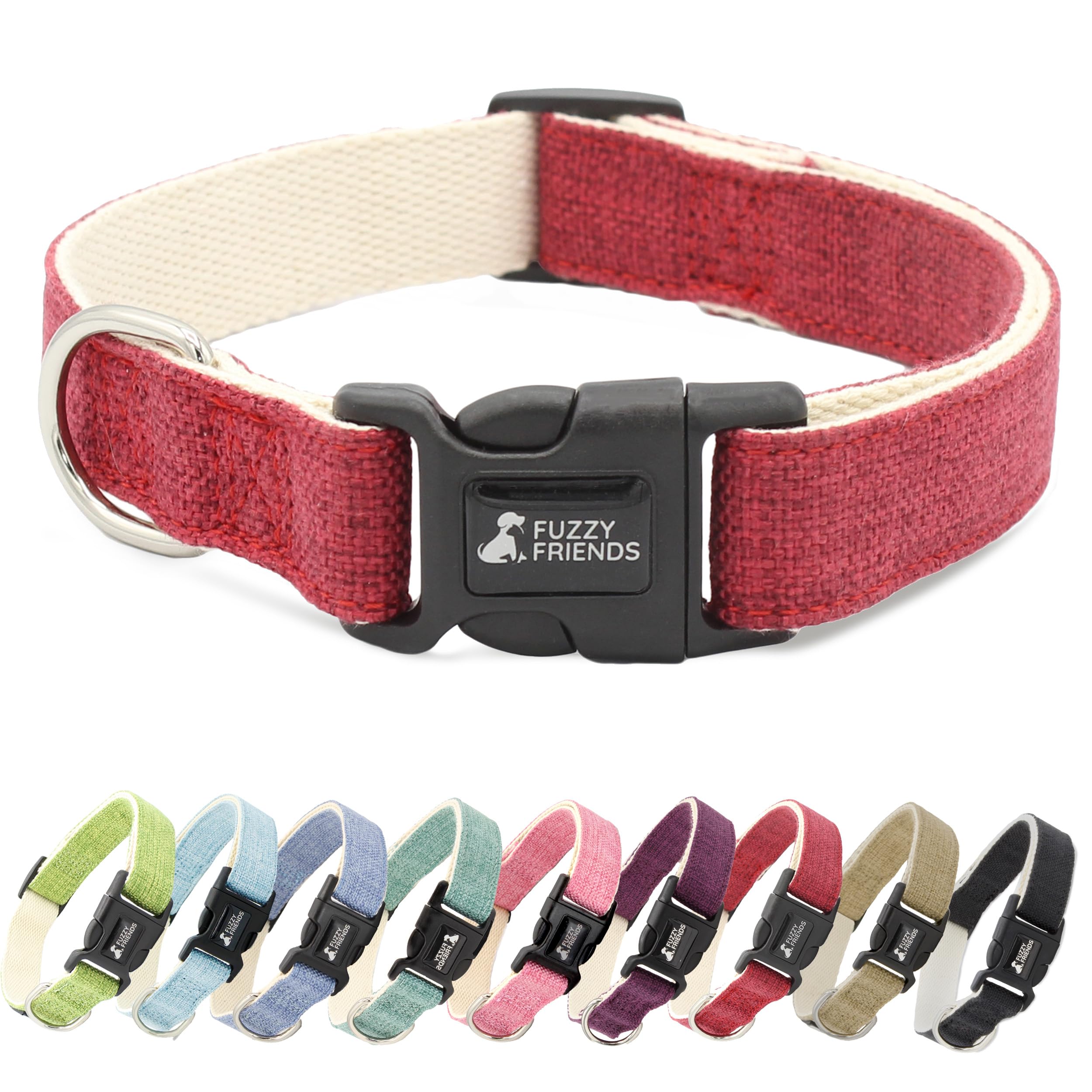 Fuzzy Friends Red Hemp Collar. Hypoallergenic Collar Great For Sensitive Skin Or Allergies. 5 Sizes: X-Small, Small, Medium, Lar