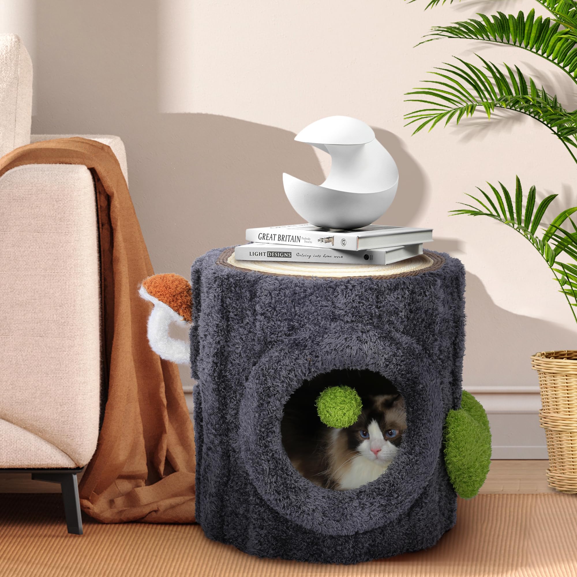 Nunu Cat House With Scratch Table & Soft Cushion, Luxury Wood Cat Condo With Scratching Post, Cat House With Hanging Ball Toy Fo