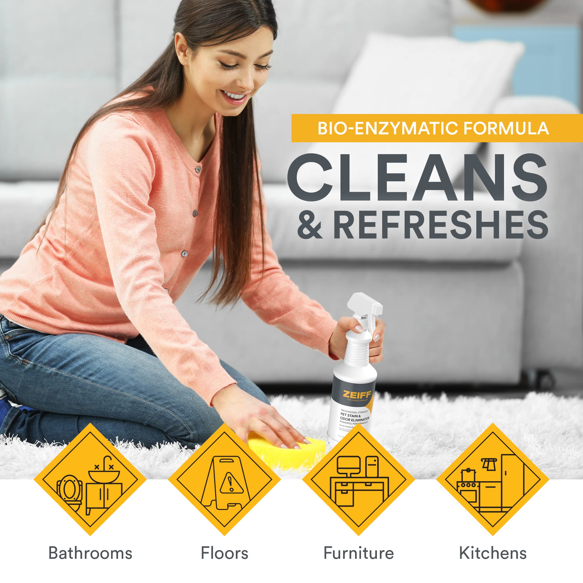 Zeiff Pet Stain and Odor Remover - Pet Odor Eliminator for Home and Professional Use - Pet Urine Enzyme Cleaner to Break Up Toug