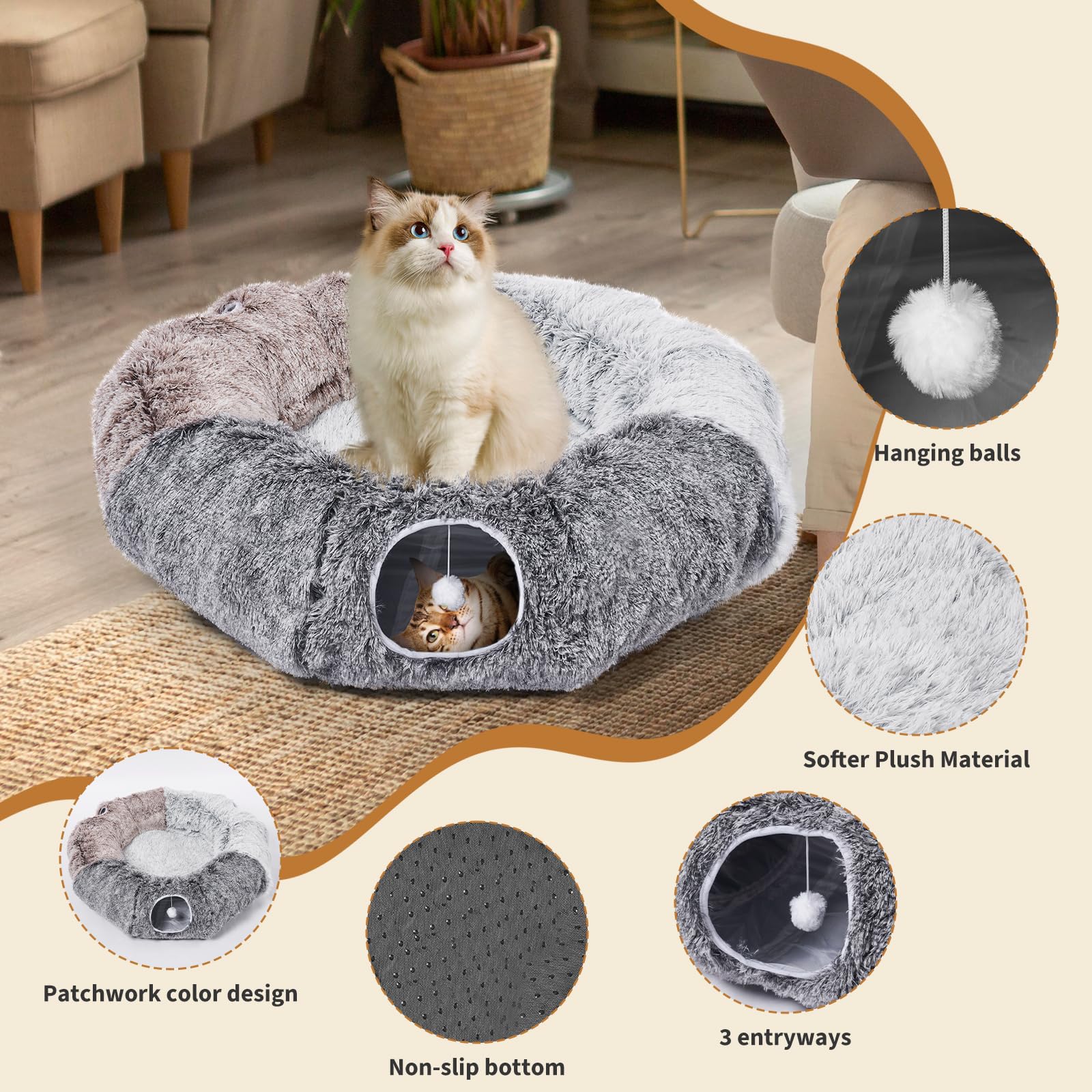 Odoland Large Cat Tunnel And Fluffy Bed - Indoor Detachable Cave With 20 Toys, Donut Tunnel And Variety Kitten Toy Set For Chewi