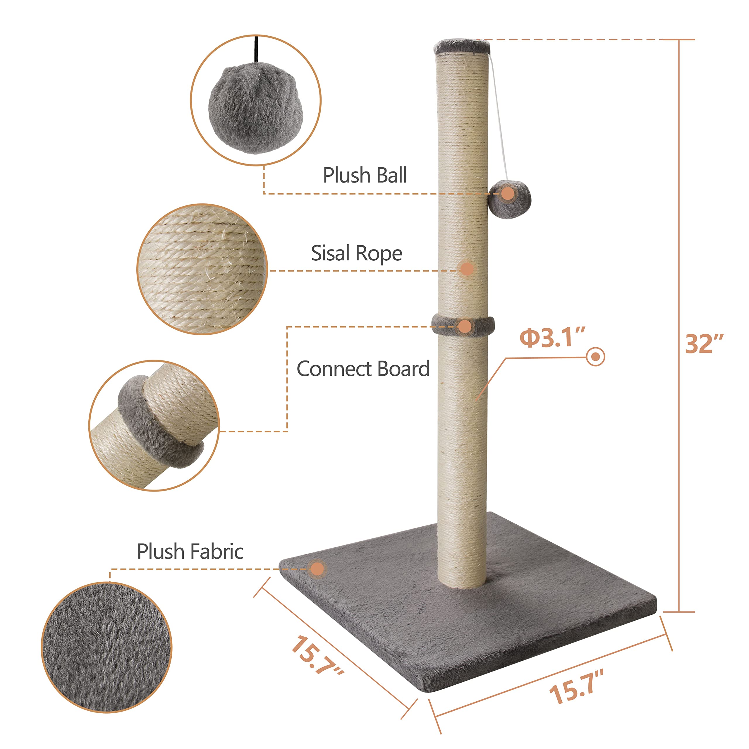 Qucey 32'' Tall Cat Scratching Post For Indoor Cats Premium Sisal Rope Cat Activity Scratcher Scratch Posts With Hanging Ball Fo