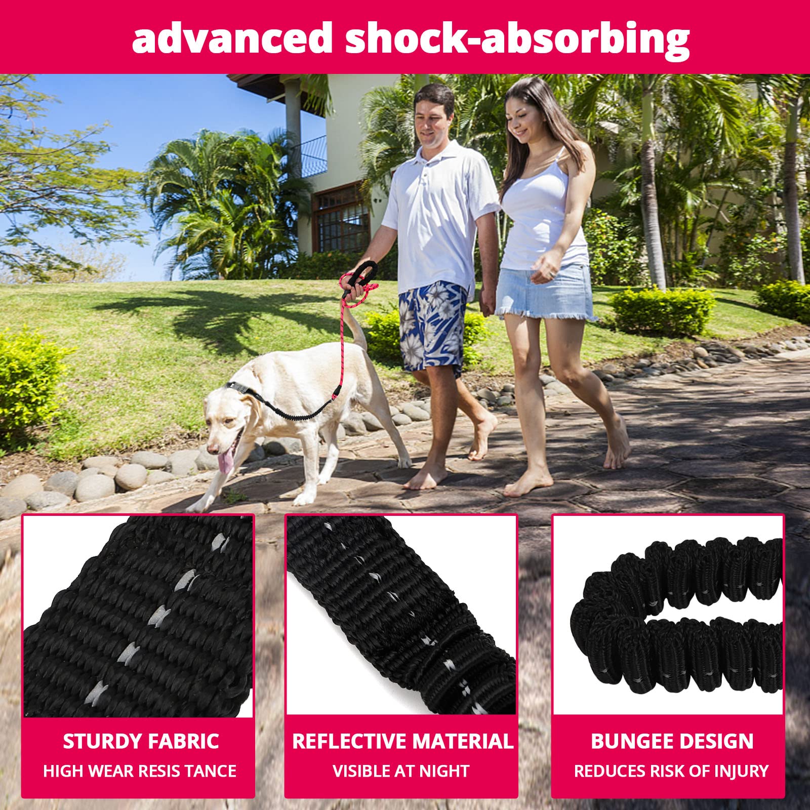 Rope Dog Leash 5 Ft: Heavy Duty Leashes With Swivel Lockable Hook Reflective Threads Bungee And Padded Handle - Dog Lead For Large Small Medium Dogs Outside Walking Hiking Pink