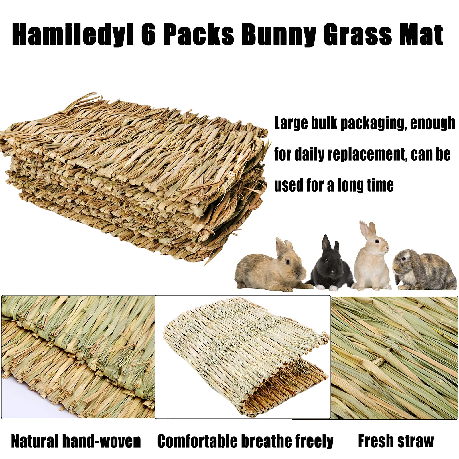 Hamiledyi Bunny Grass Mat Natural Woven Hamster Grass Bed Nest Small Animal Handmade Bedding Hay Mat Chewing Play Toy For Guinea Pig Chinchilla Rabbit Squirrel Hedgehog(6 Pack)