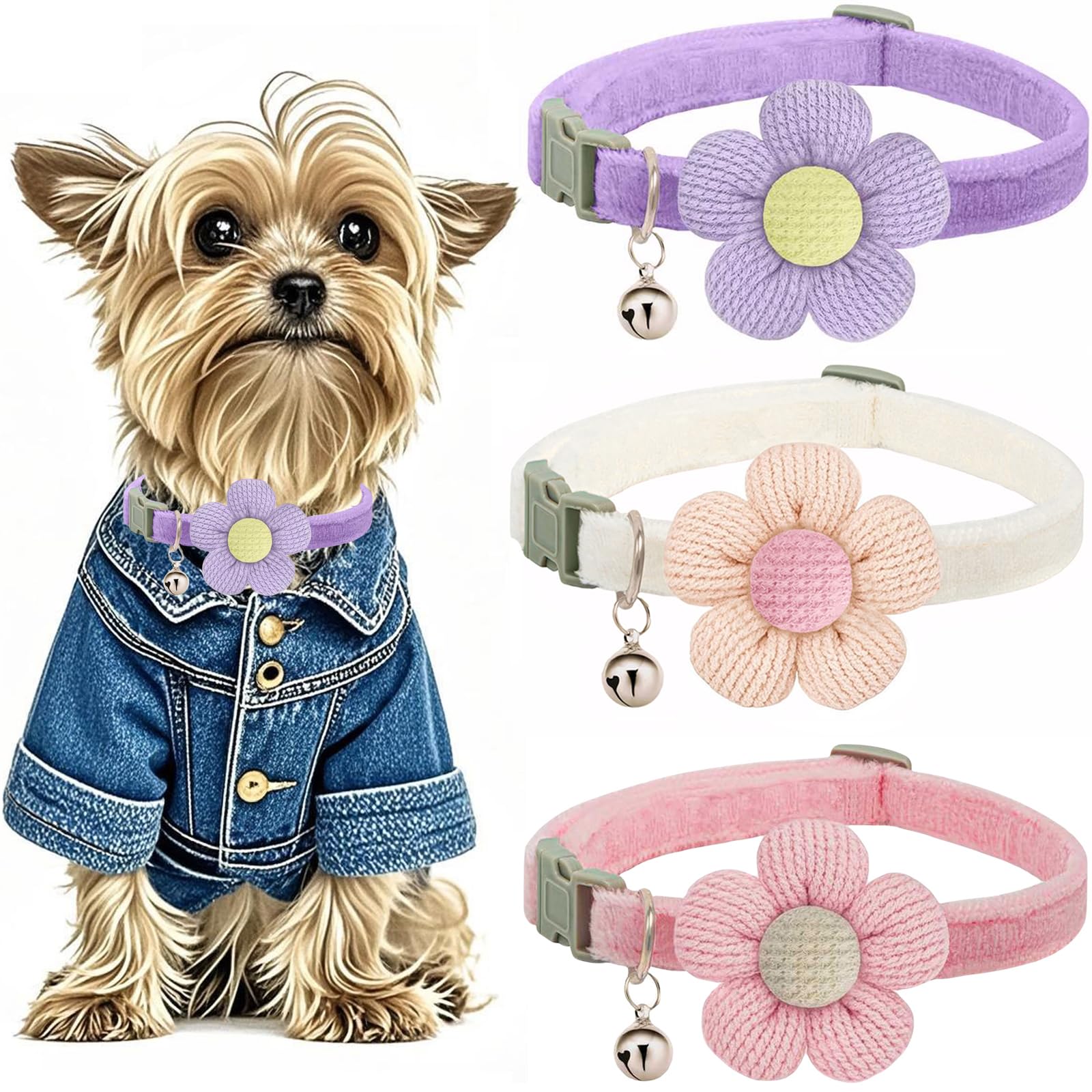 Puppy Collars, Small Dog Collars For Small Dogs With Bellxs Dog Collars For Girl Boy With Flower (White + Purple + Pink)