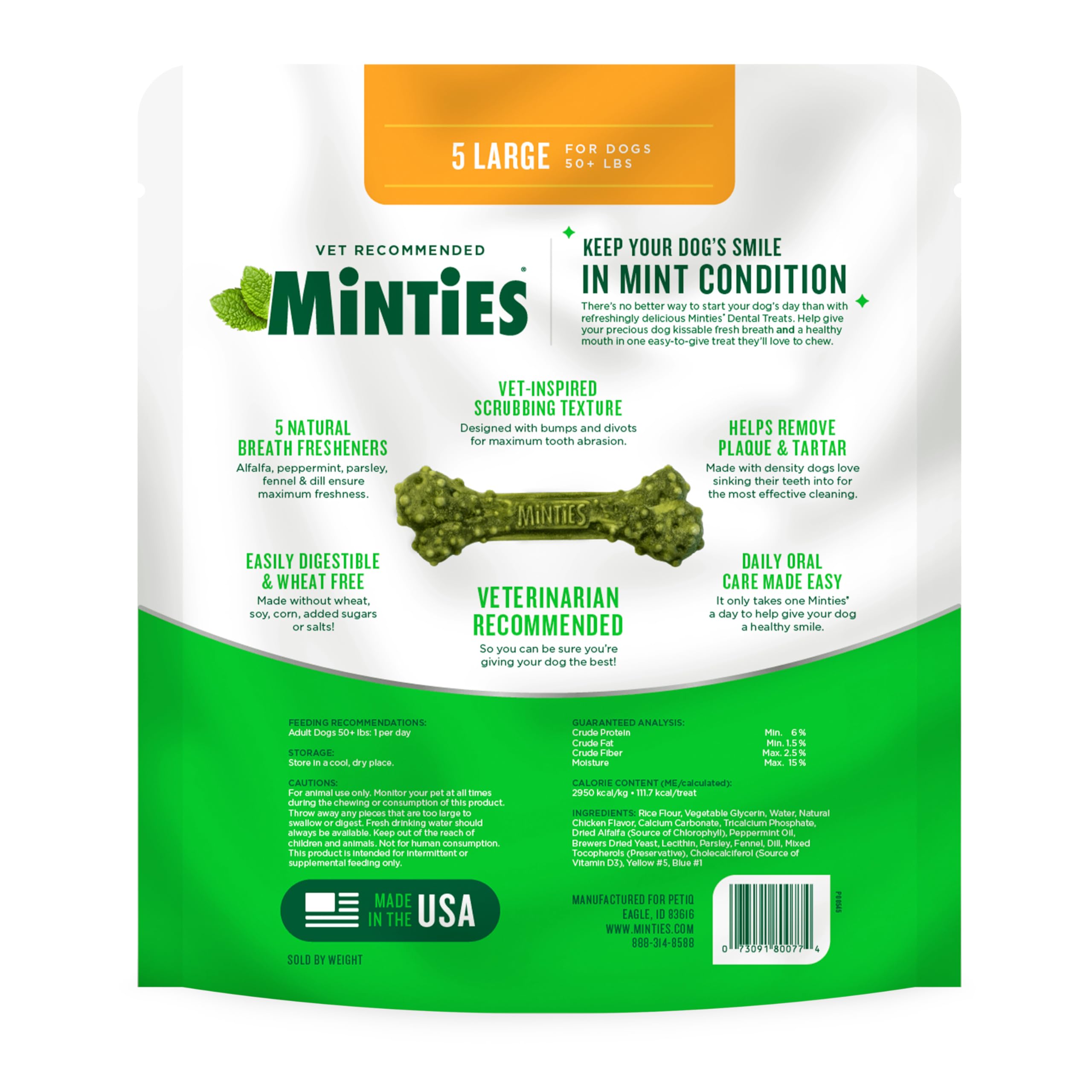 Minties Dental Chews for Dogs, 5 Count, Vet-Recommended Mint-Flavored Treats for Large Dogs Over 50 lbs, Dental Bones Clean Teet