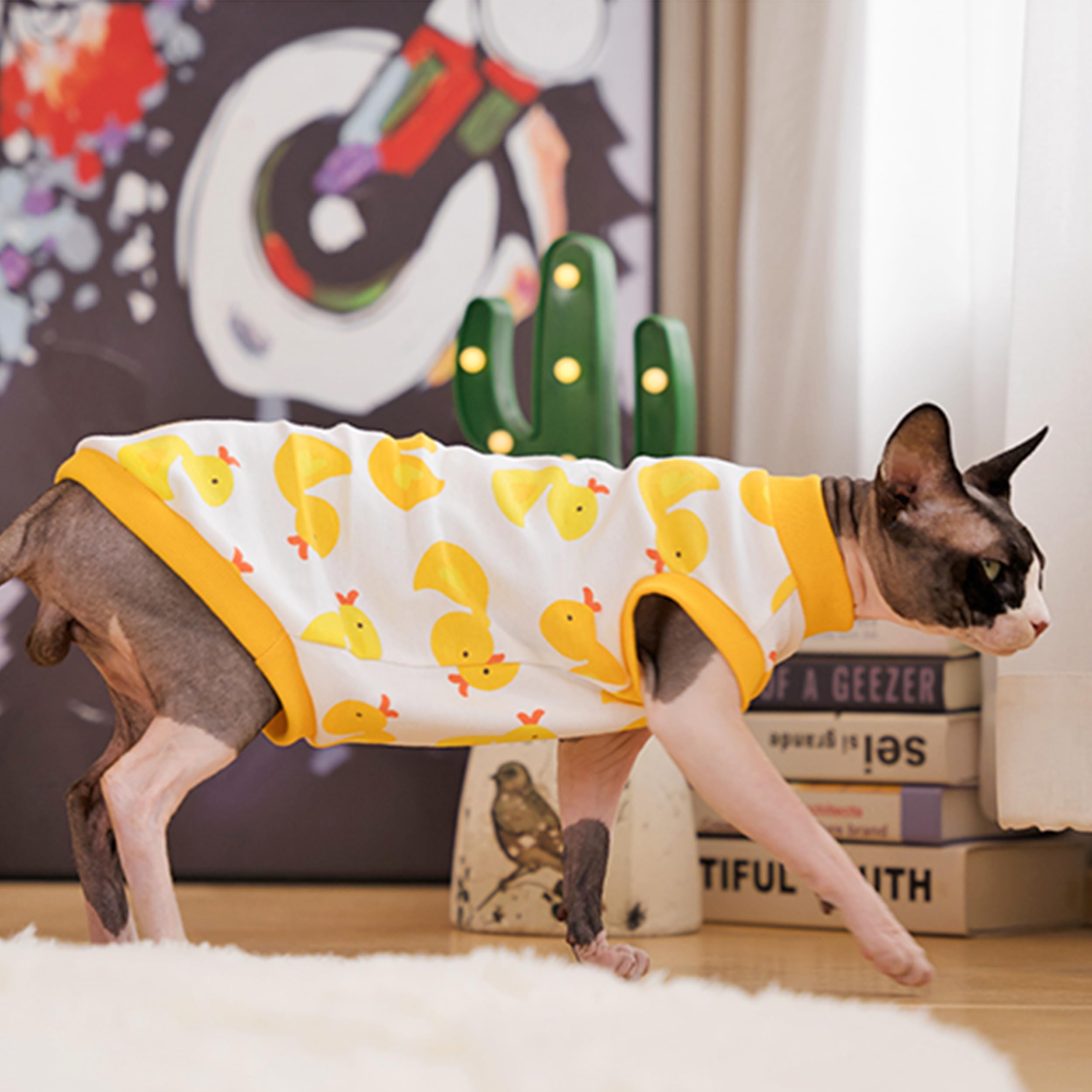 Pumyporeity Sphynx Cat Sweater & Pajamas, Soft & Stretchy, Yellow Turtleneck, For Cornish Rex, Devon Rex, L