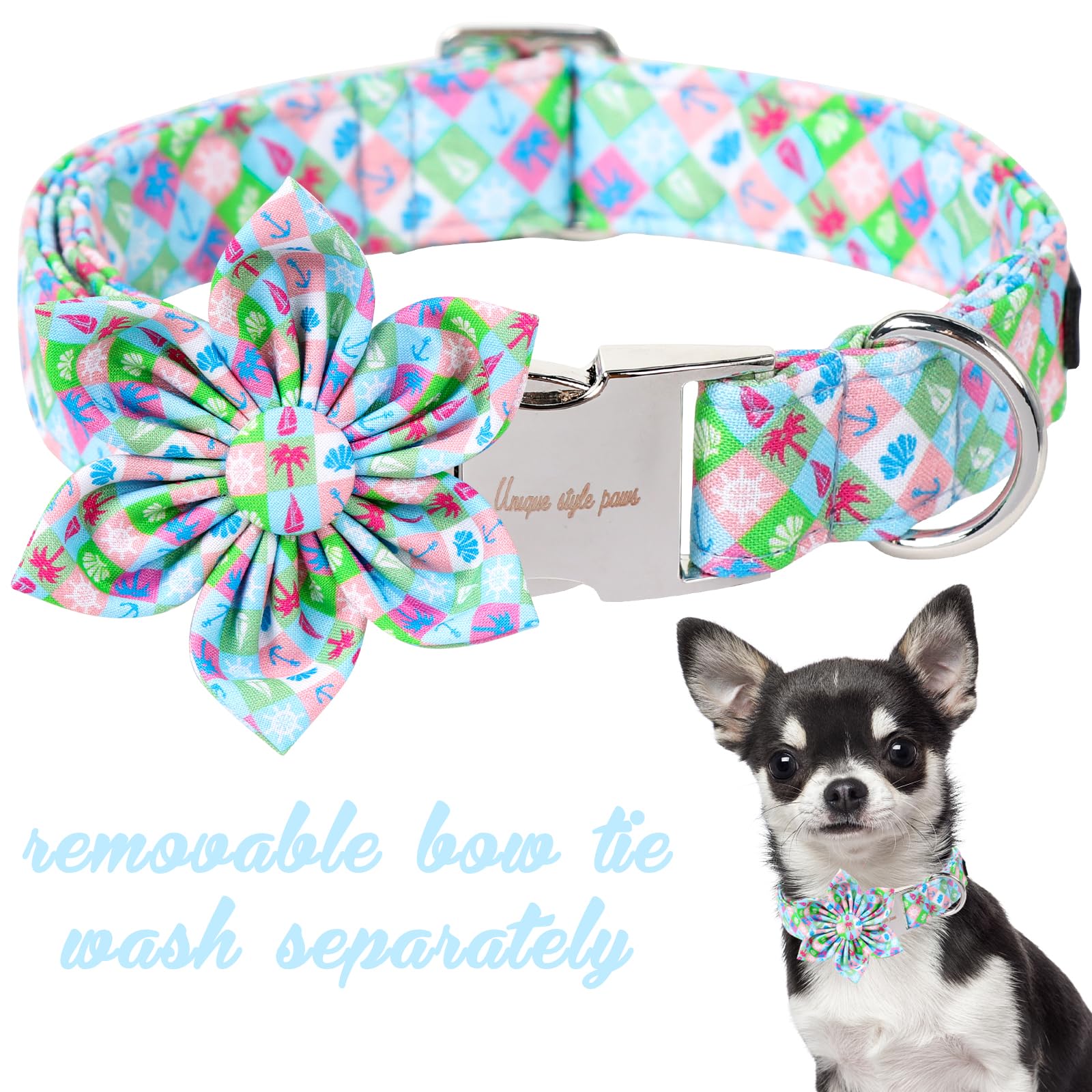 Unique Style Paws Summer Dog Collar With Floral Bow,Cotton Blue Bow Tie Puppy Collar,Boat Pattern Dog Bow Collar For Small,Mediu