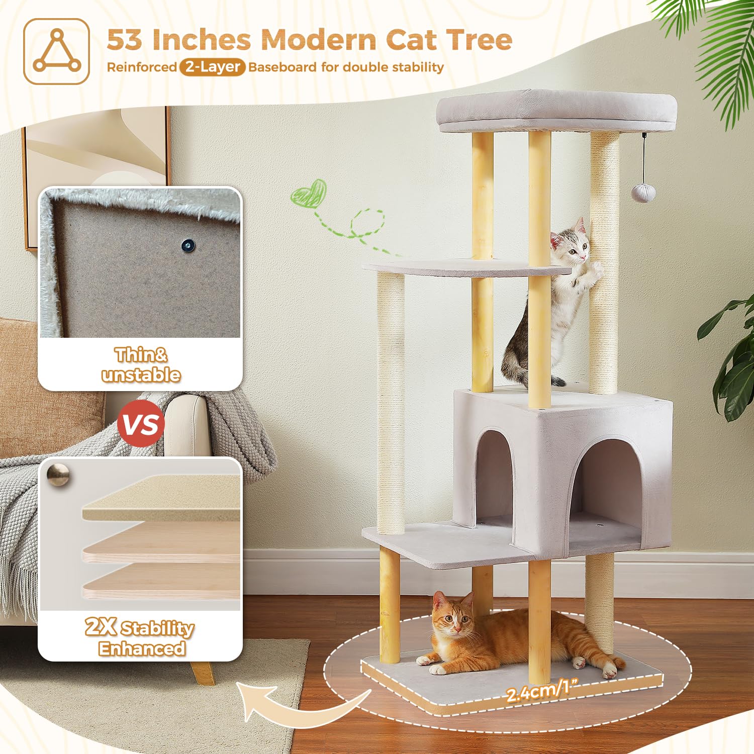 Pawz Road Large Cat Tree, 53 Inches Modern Wooden Cat Tower For Indoor Cats, Multi-Level Cat Condos With Long Scratching Posts A