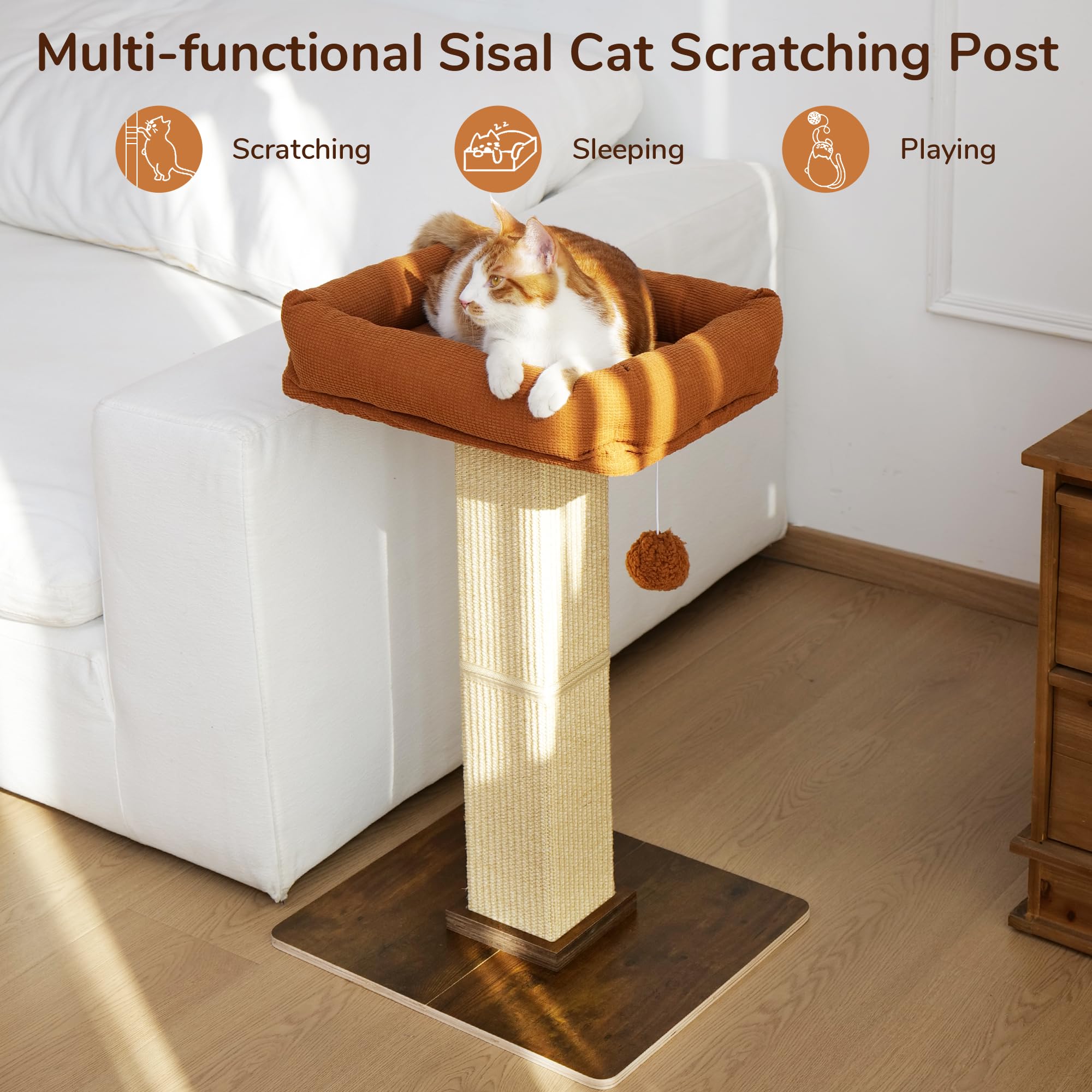 FUKUMARU Cat Scratching Post, Retro-Style Tall Scratch Posts with Perch for Infoor Cats Adults, Large Cat Scratcher Tower with B